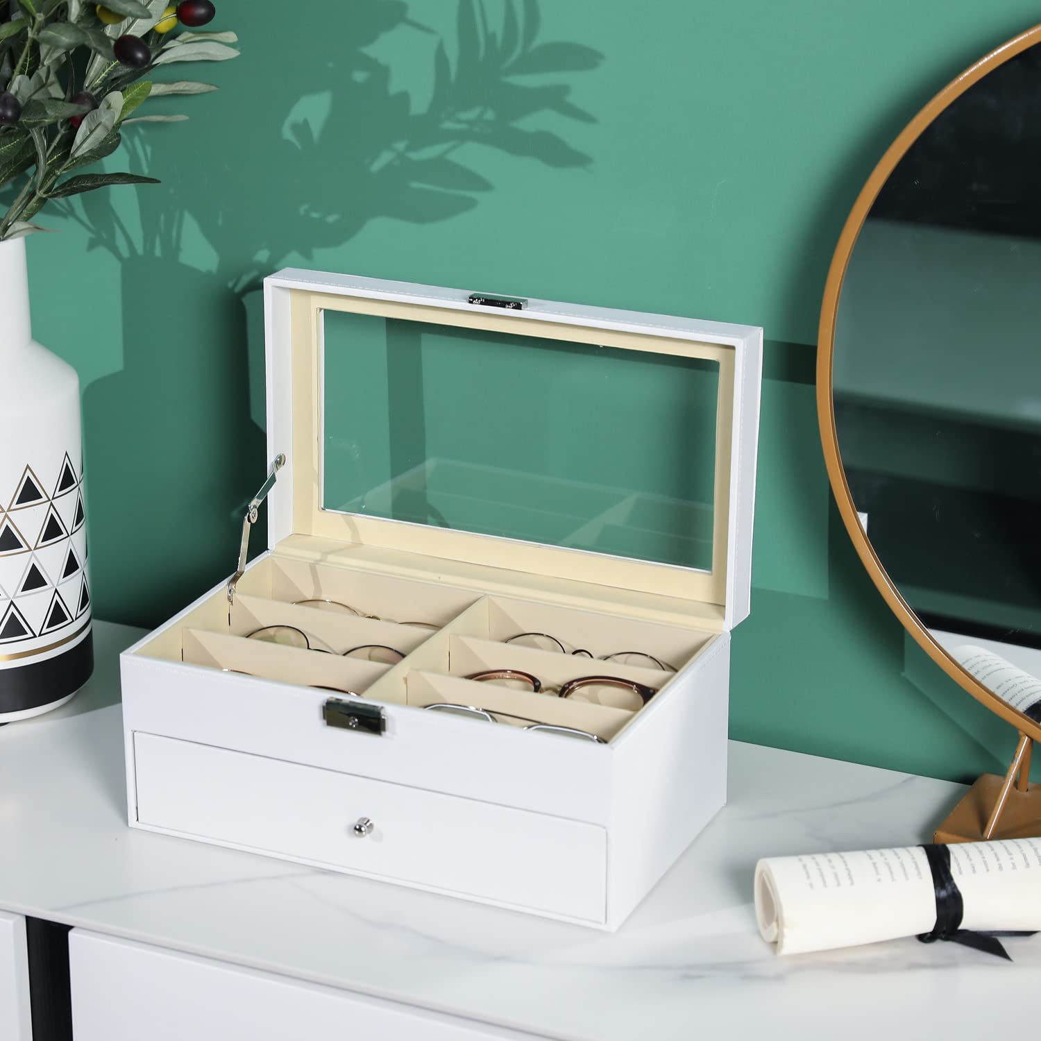 MyGift Deluxe White Wood Sunglasses Organizer, Eyewear Display Box, 2 Layer Storage Case with Glass Lid and Leatherette Trim, Holds up to 12 Pairs of Glasses