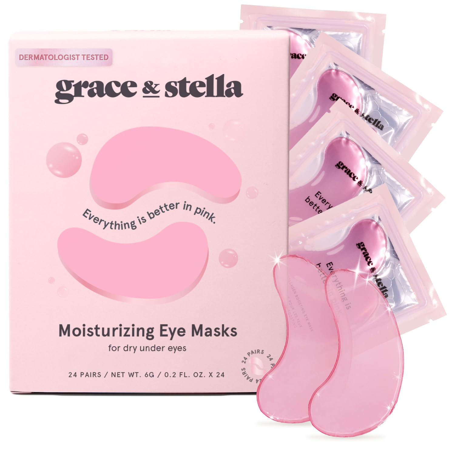 grace & stella Eye Mask Pink 24 Pairs + Hyaluronic Acid Serum 1.7 fl oz Bundle