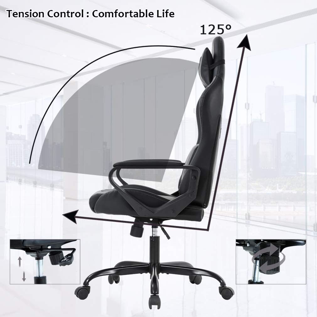 Ergonomic Office Chair, High-Back White Gaming Chair with Lumbar Support PC Computer Chair Racing Chair PU Task Desk Chair Ergonomic Executive Swivel Rolling Chair for Back Pain Women, Men (Black)