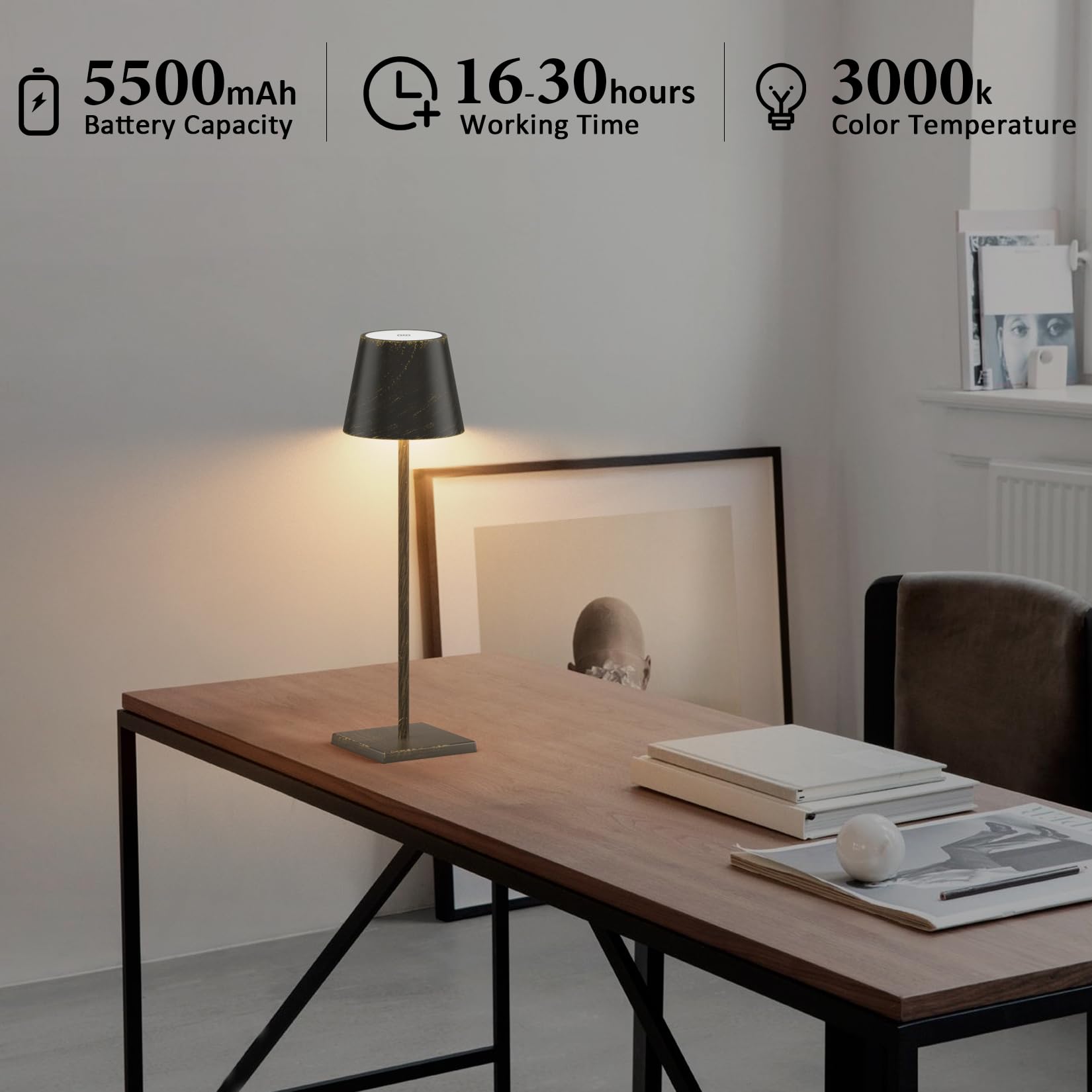 2-Pack LED Cordless Table Lamp, Rechargeable Battery Desk lamp 3W 5500mAh Battery Operated Stepless Dimming Modern Portable Table Light for Restaurant/Bedroom/Outdoor IP54 Waterproof (Off White)