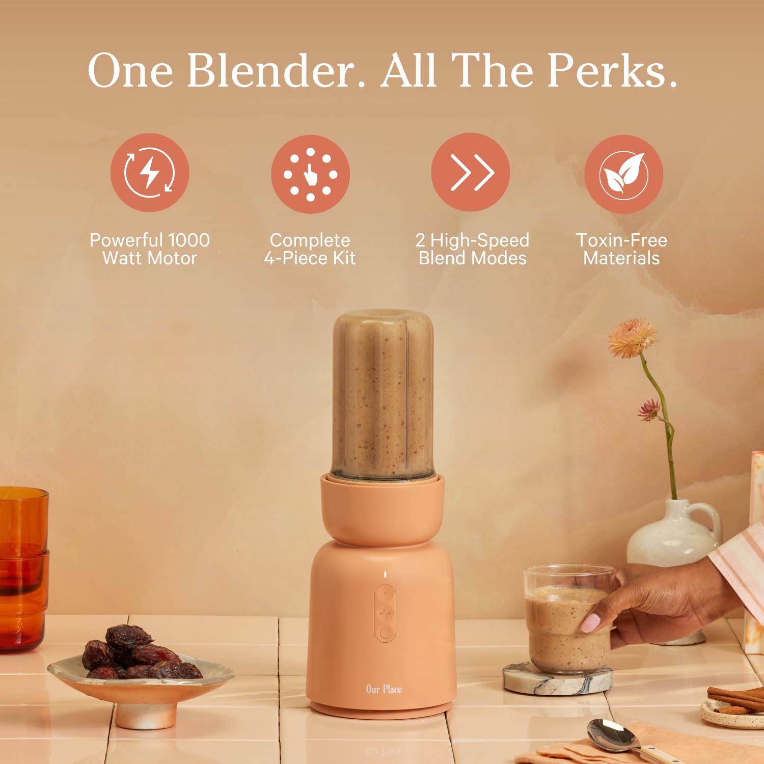 Our Place Splendor Blender - 1000W High-Power | Ultra-Sharp Blades | 2 Blending Modes | Includes 25 oz Personal Cup and Drinking Lid Set | Smoothies, Shakes & More | Blue Salt