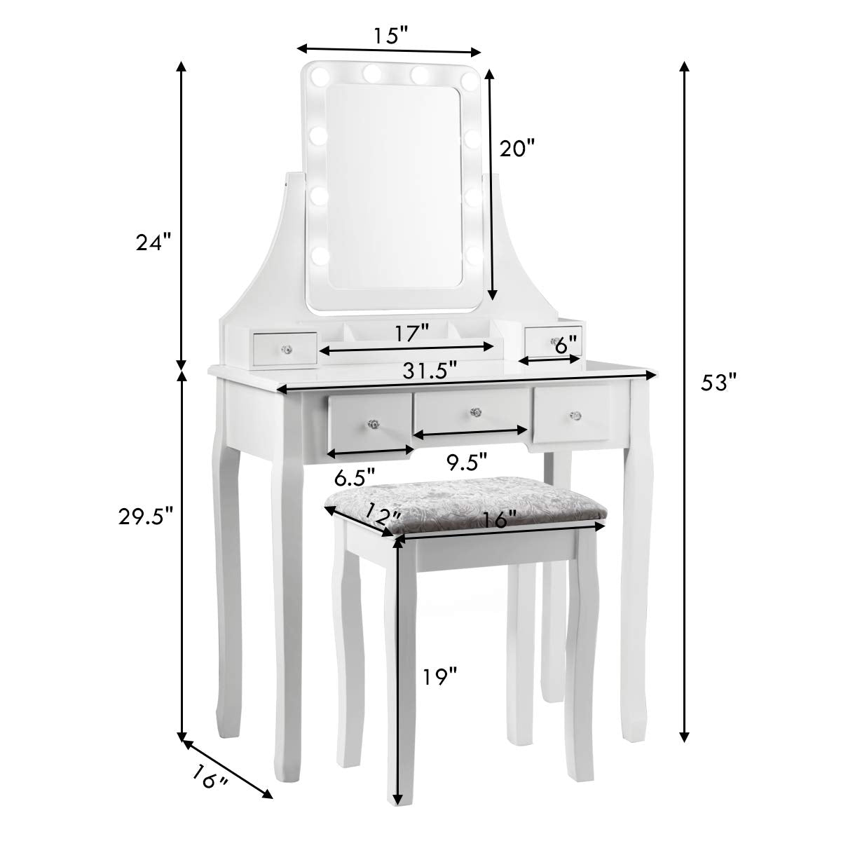 DORTALA Vanity Table Set with 360° Mirror & Cushioned Stool, Makeup Table with 10 LED Dimmable Bulbs, Bedroom Wood Dressing Table with 5 Drawers and Removable Box Organizer, Gift for Females (White)