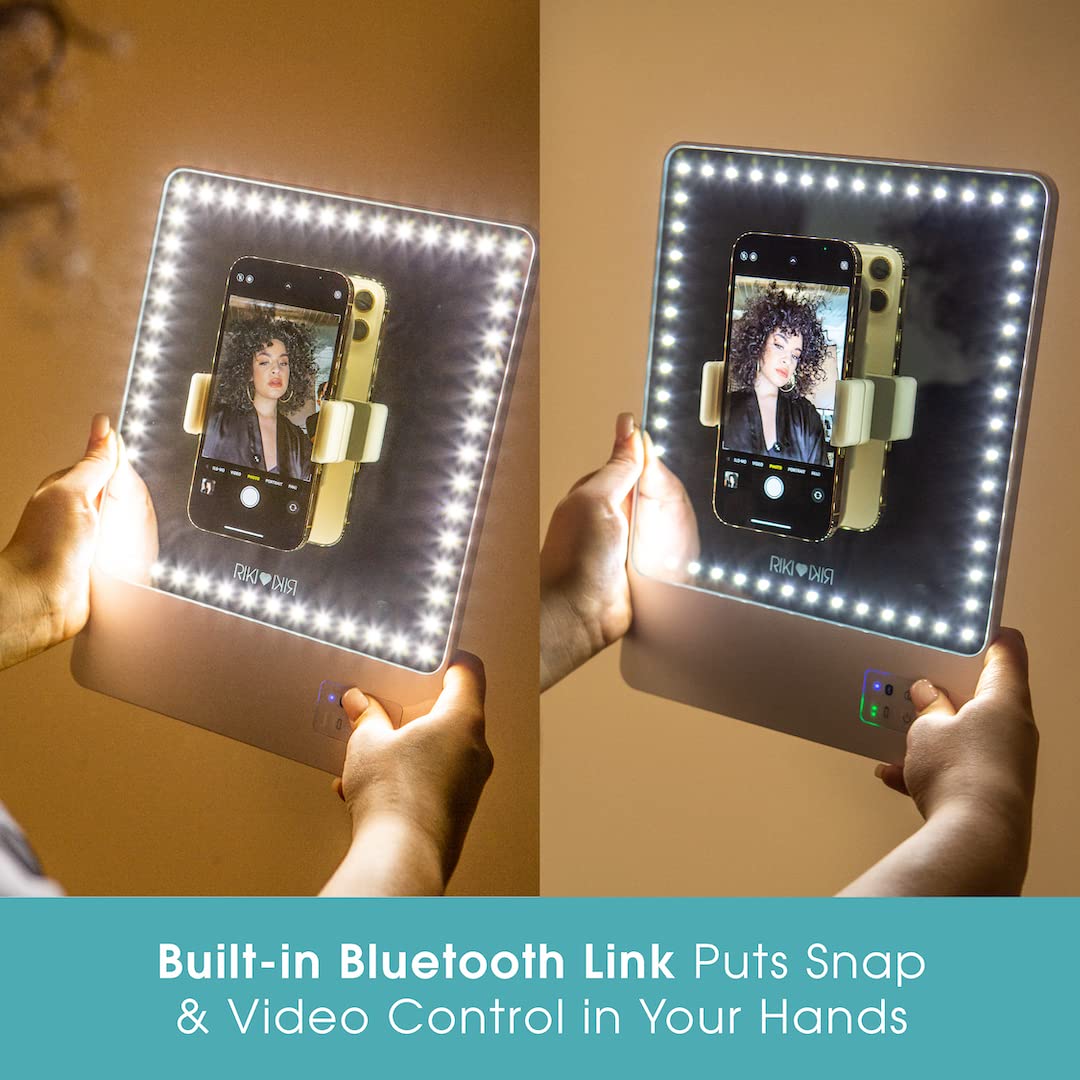 Glamcor Riki Skinny Smart Vanity Mirror with HD LEDs, Magnifying Mirror Attachment, Phone Holder and Bluetooth Control (Champagne Gold, 5X Magnification)