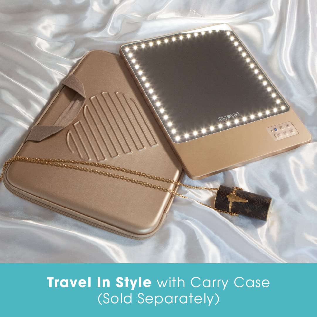 Glamcor Riki Skinny Smart Vanity Mirror with HD LEDs, Magnifying Mirror Attachment, Phone Holder and Bluetooth Control (Champagne Gold, 5X Magnification)