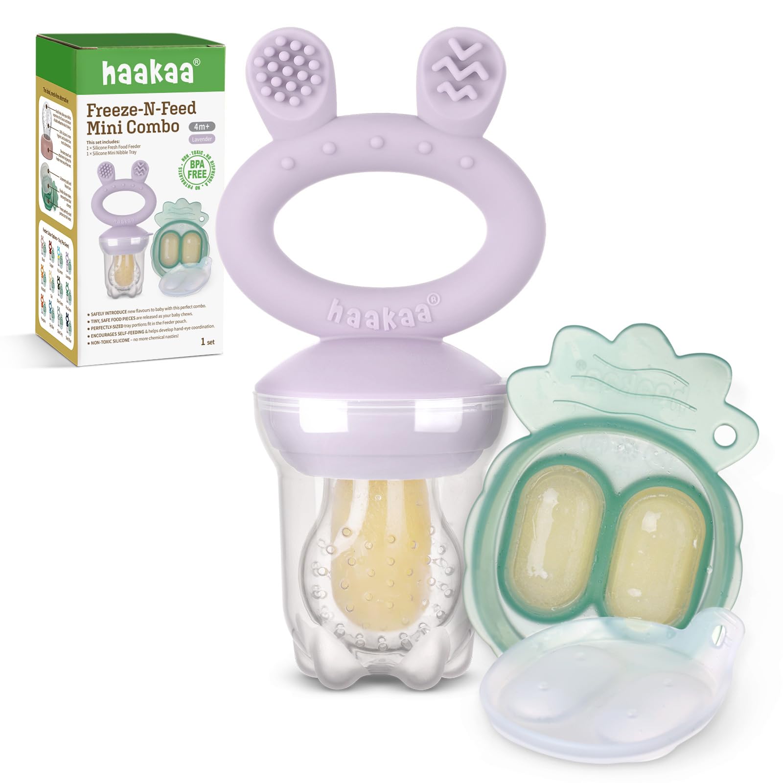Haakaa Baby Fruit Food Feeder & Mini Freezer Nibble Tray Combo, Breastmilk Popsicle Molds for Cooling Relief, BPA Free Silicone Feeder for Safe Infant Self Feeding, 4 Month+ (Pea Green)