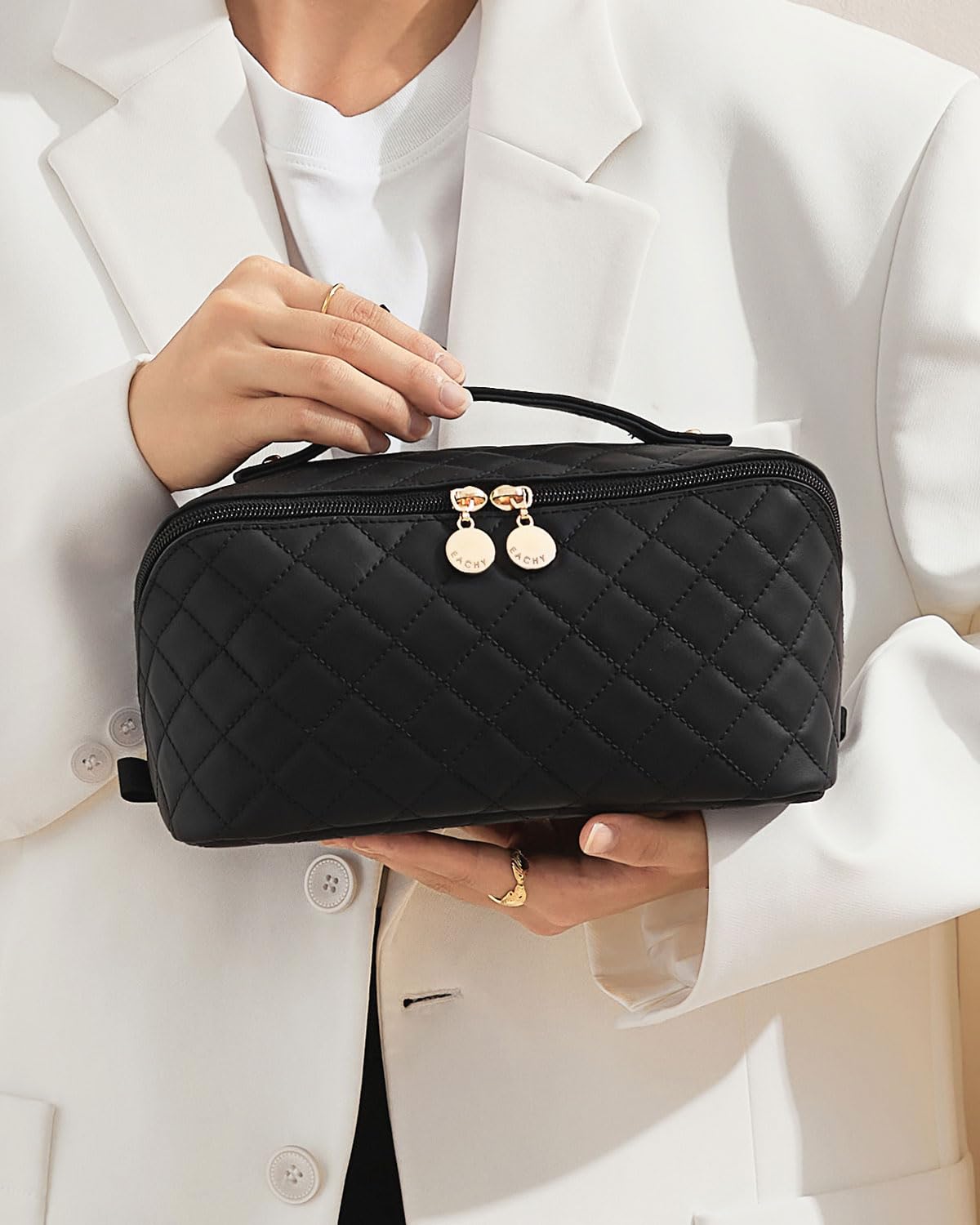 EACHY Travel Makeup Bag,Large Capacity Cosmetic Bags for Women,Waterproof Portable Pouch Open Flat Toiletry Bag Make up Organizer with Divider and Handle