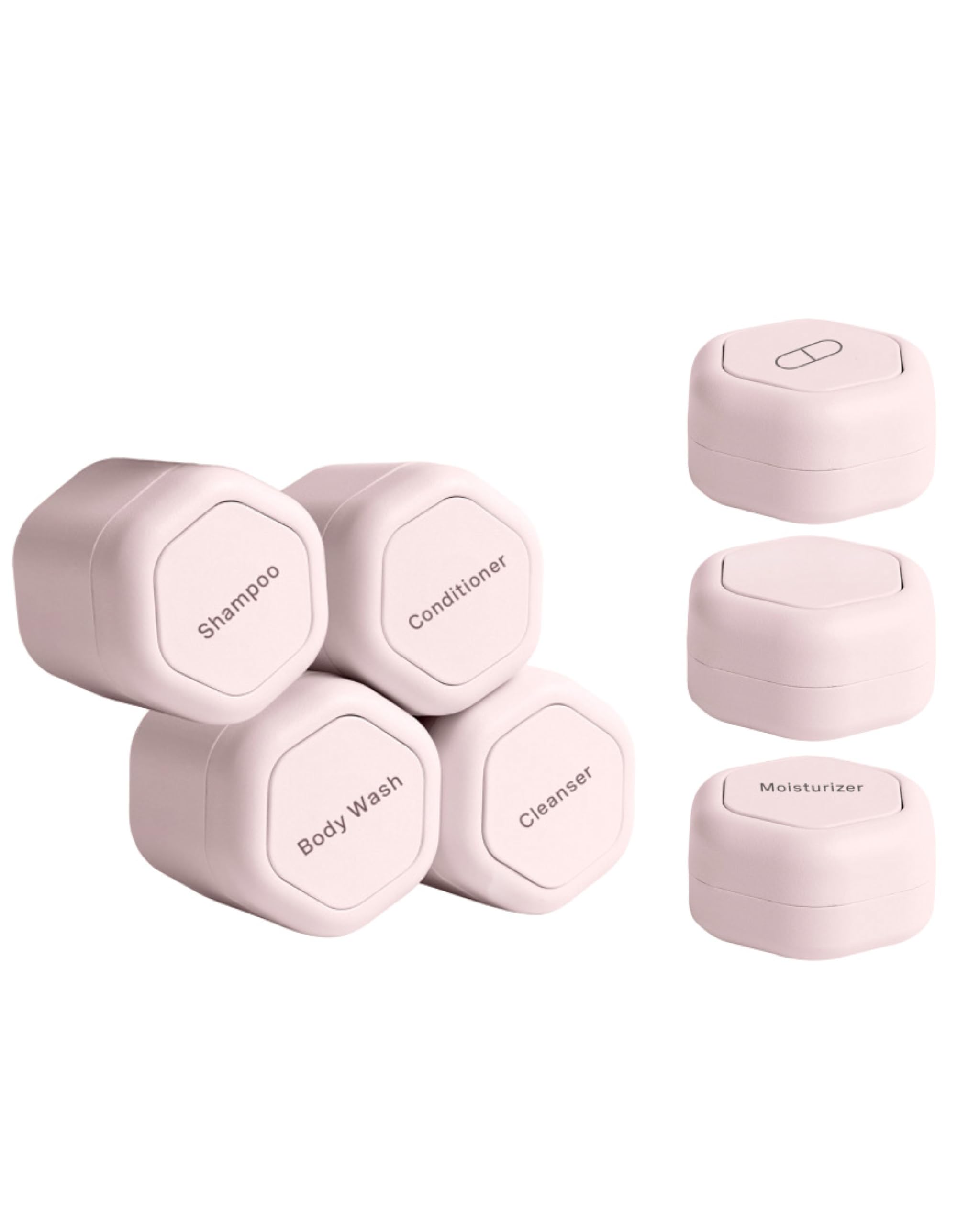 Cadence Travel Containers - Daily Routine Capsule Set - Magnetic Travel Capsules - For Shampoo, Conditioner, Body Wash, Pills, and More - 4 Flex Mediums (1.32oz) & 3 Flex Smalls (0.56oz) - Sand