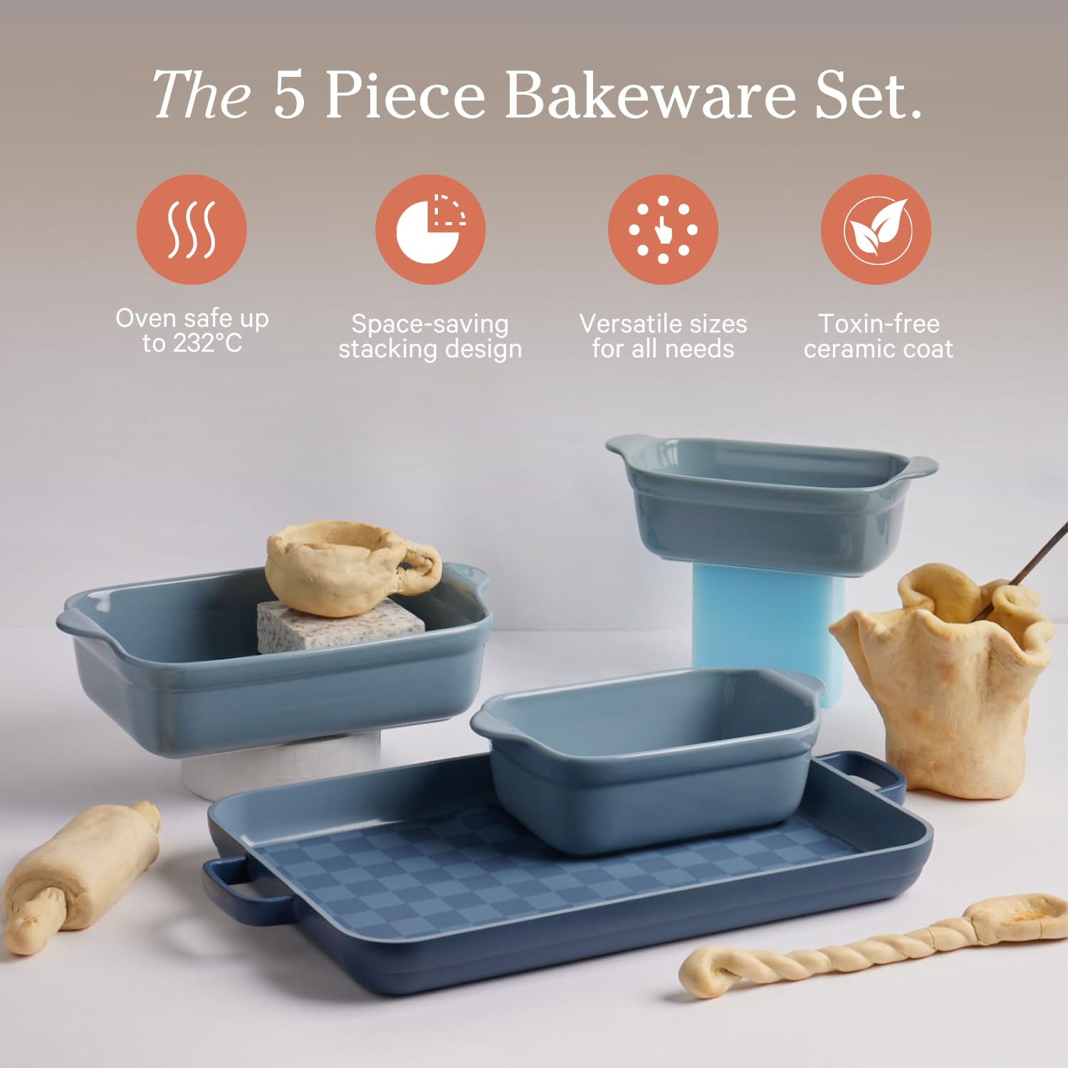 Our Place Bakeware Set | 5-Piece Nonstick, Toxin-Free, Ceramic, Stoneware Set with Oven Pan, Bakers, & Oven Mat | Space-Saving Nesting Design | Oven-Safe | Bake, Roast, Griddle and more | Steam