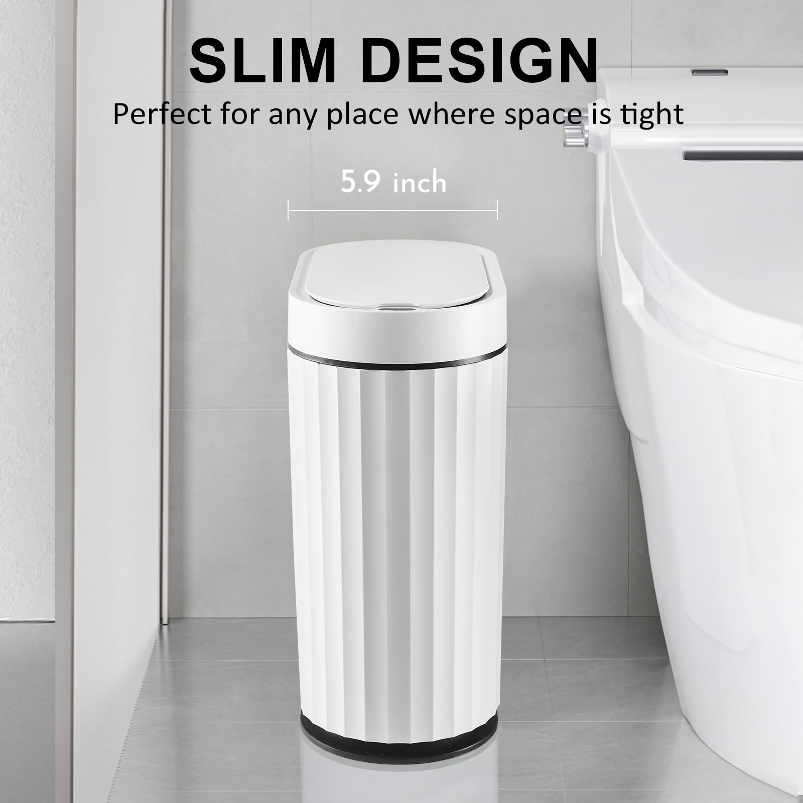 ELPHECO Mini Desktop Trash Can with Lid, Small Slim Automatic Garbage Can, 1.3 Gallon Motion Sensor Countertop Waste Basket for Bedroom, Office, Bathroom, White with Grey Trim