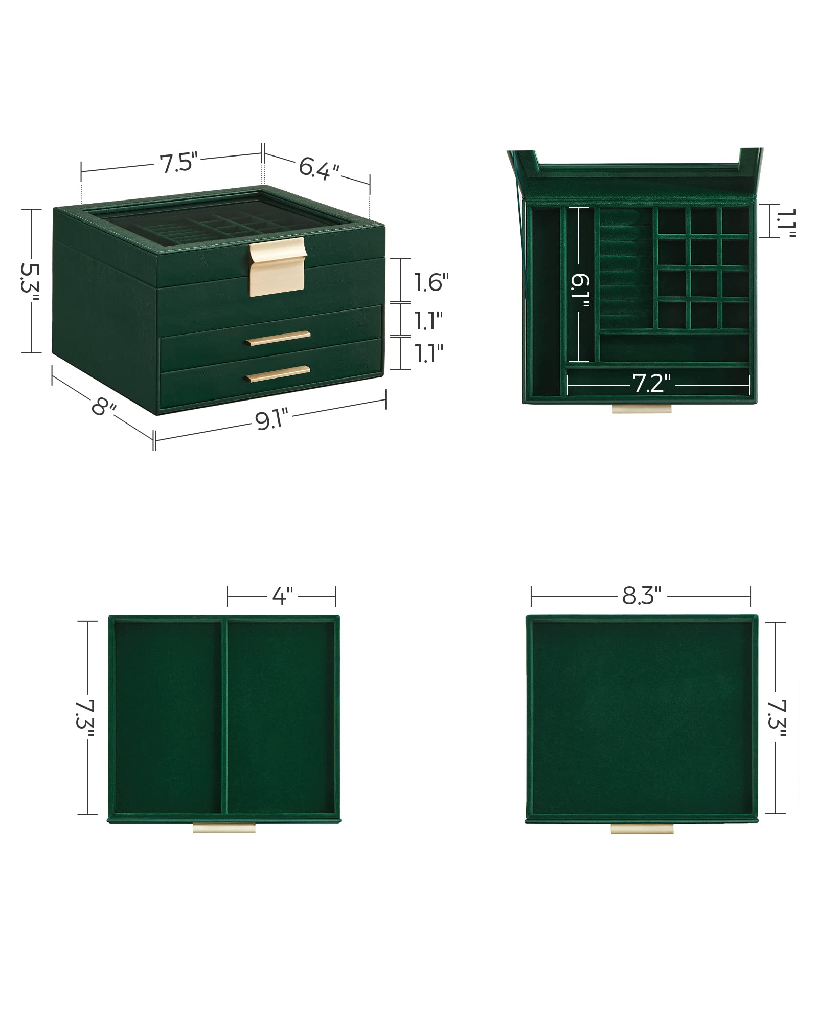 SONGMICS Jewelry Box with Glass Lid, 3-Layer Jewelry Organizer, 2 Drawers, for Big and Small Jewelry, Jewelry Storage, Modern Style, 8 x 9.1 x 5.3 Inches, Cloud White and Gold Color UJBC239WT