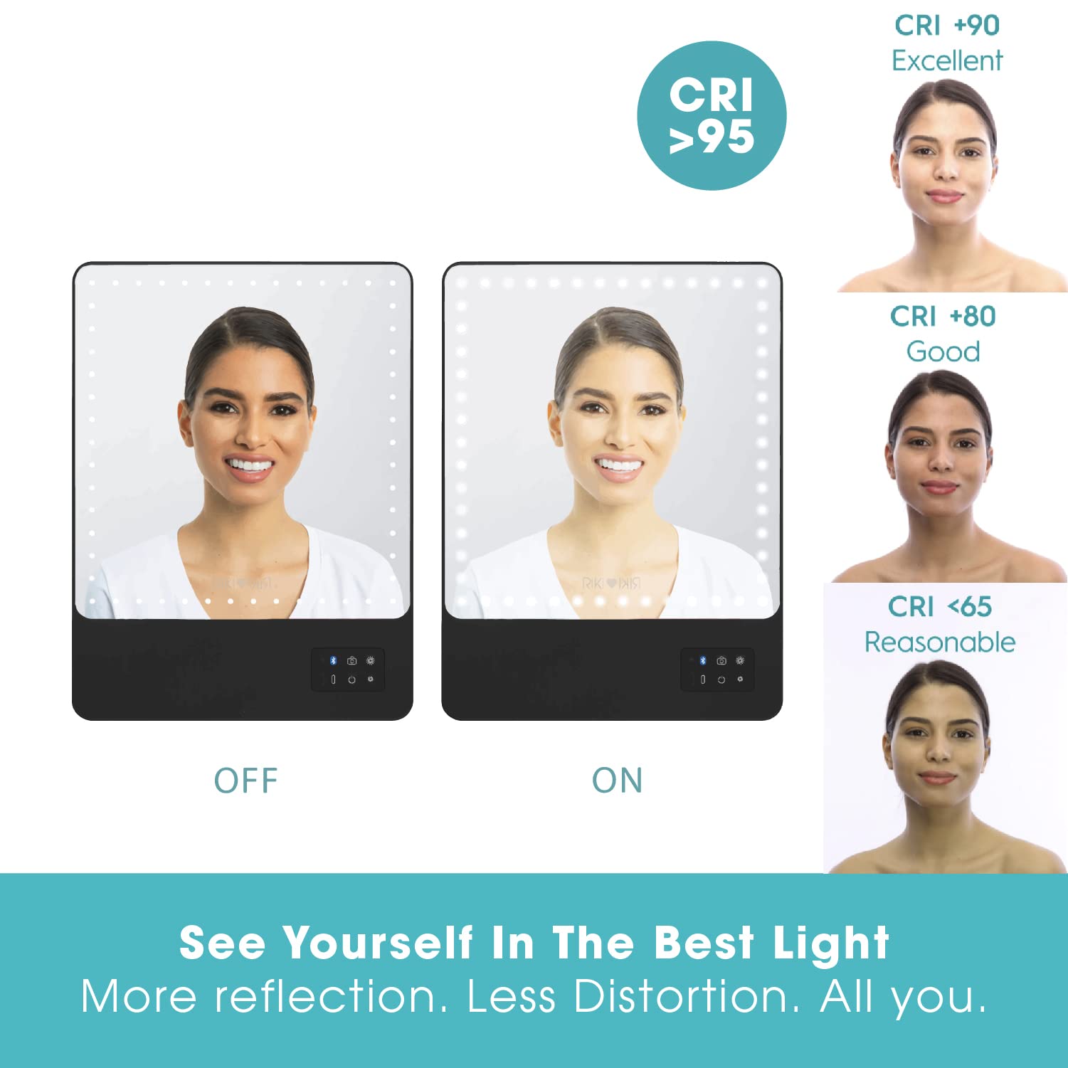 Glamcor Riki Skinny Smart Vanity Mirror with HD LEDs, Magnifying Mirror Attachment, Phone Holder and Bluetooth Control (Champagne Gold, 5X Magnification)