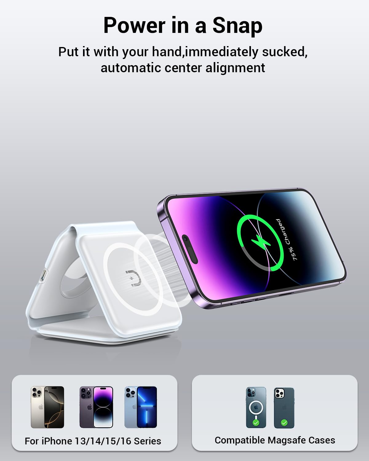 Wireless Charger, Magnetic Foldable 3 in 1 Mag-Safe Charger, Fast Travel Wireless Charging Station for iPhone 16/15/14/13/12/ Series,for iWatch,for AirPods (Adapter Included)
