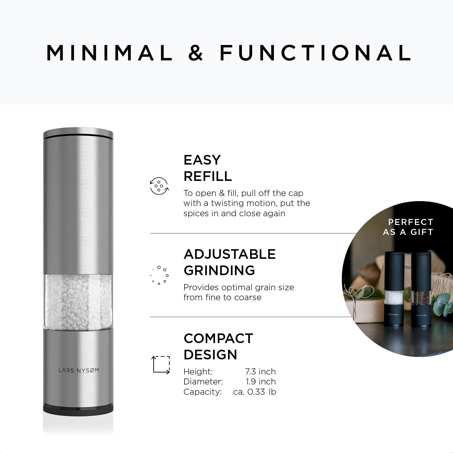 LARS NYSØM Salt and Pepper Mills Set Stainless Steel with Adjustable Ceramic Grinder 2 Pieces I Design Spice Mills Set Manual (Brown/Beige)