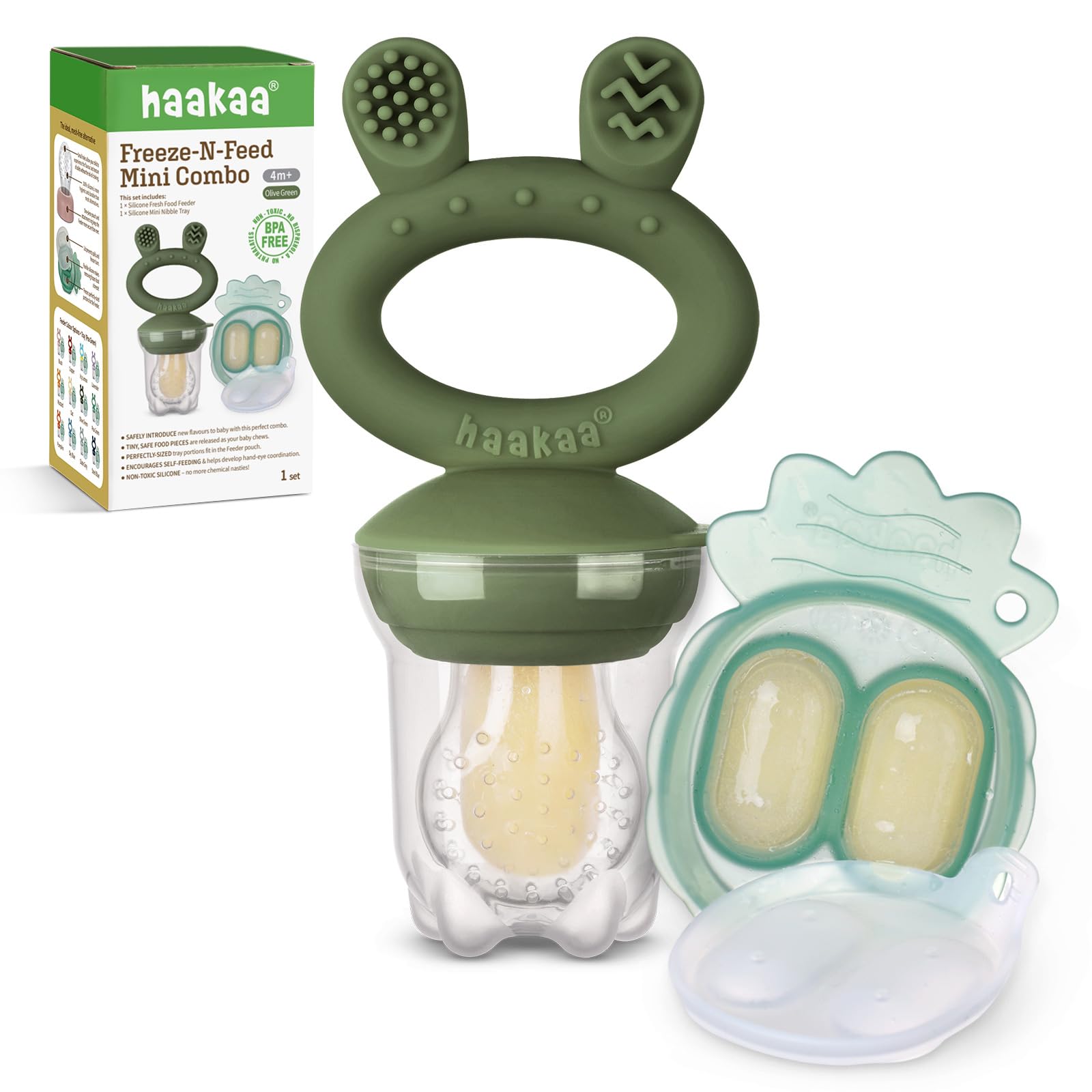 Haakaa Baby Fruit Food Feeder & Mini Freezer Nibble Tray Combo, Breastmilk Popsicle Molds for Cooling Relief, BPA Free Silicone Feeder for Safe Infant Self Feeding, 4 Month+ (Pea Green)
