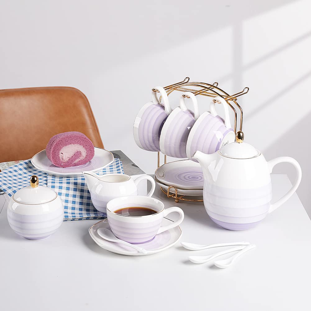 Sweejar Porcelain Tea Sets, 8 OZ Cups & Saucer Service for 4, Teapot Sugar Bowl Cream Pitcher Teaspoons and Tea Strainer for Adult Tea Coffee Afternoon Party(Blue)