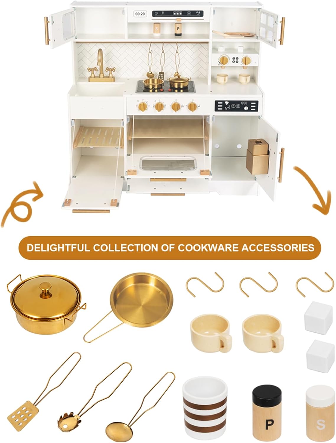 Interactive Wooden Play Kitchen Set for Kids: Realistic Features with Extended Storage and 15 pcs Kitchen Accessories, Ideal Pretend Playset Gift for Toddlers and Children Ages 3+