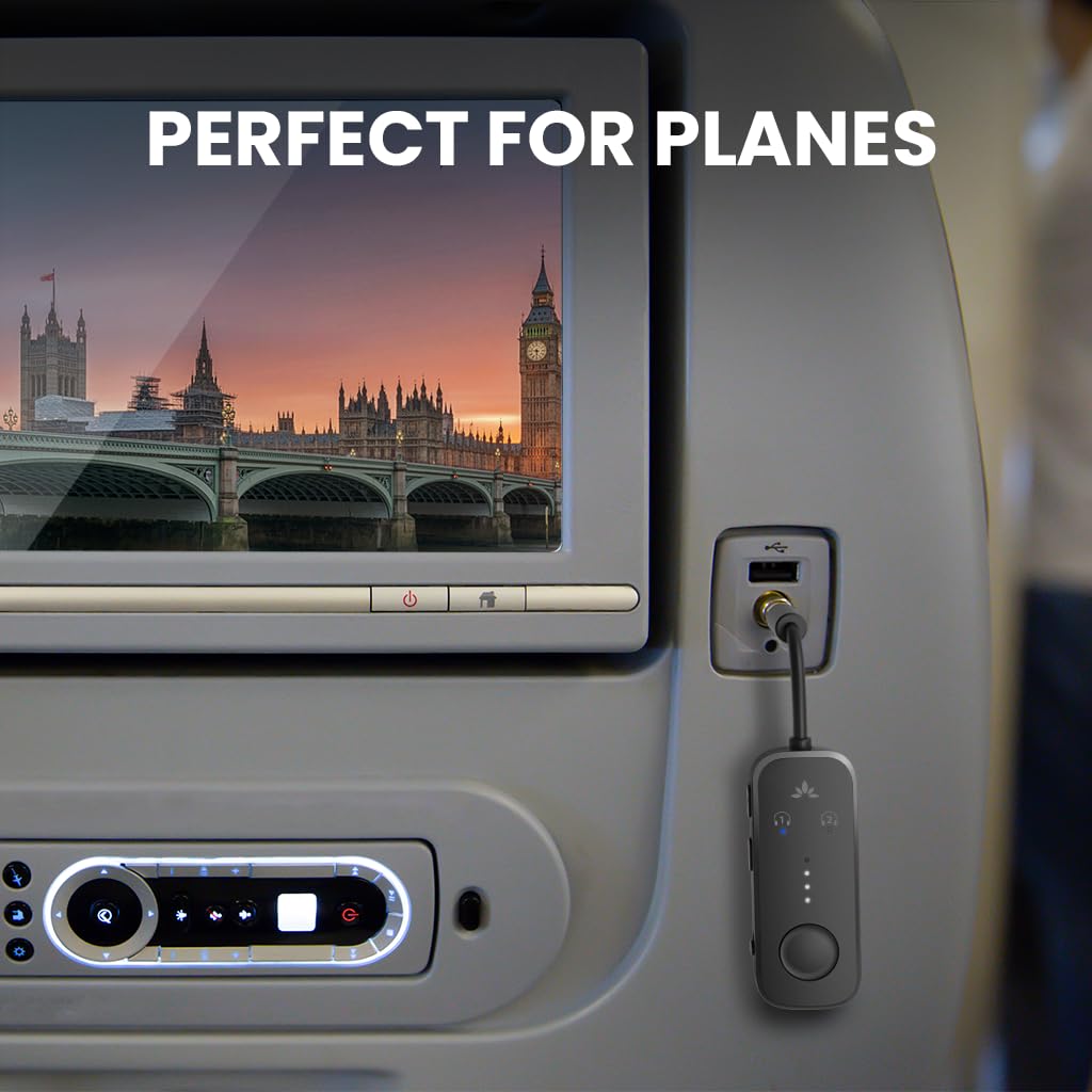 Avantree Relay - Premium Airplane Bluetooth 5.3 Adapter, Supports 2 AirPods or Headphones with aptX-Low Latency - 3.5mm AUX Jack Wireless Audio Transmitter for Planes, Travel, Airline, TV, Gym, Tablet