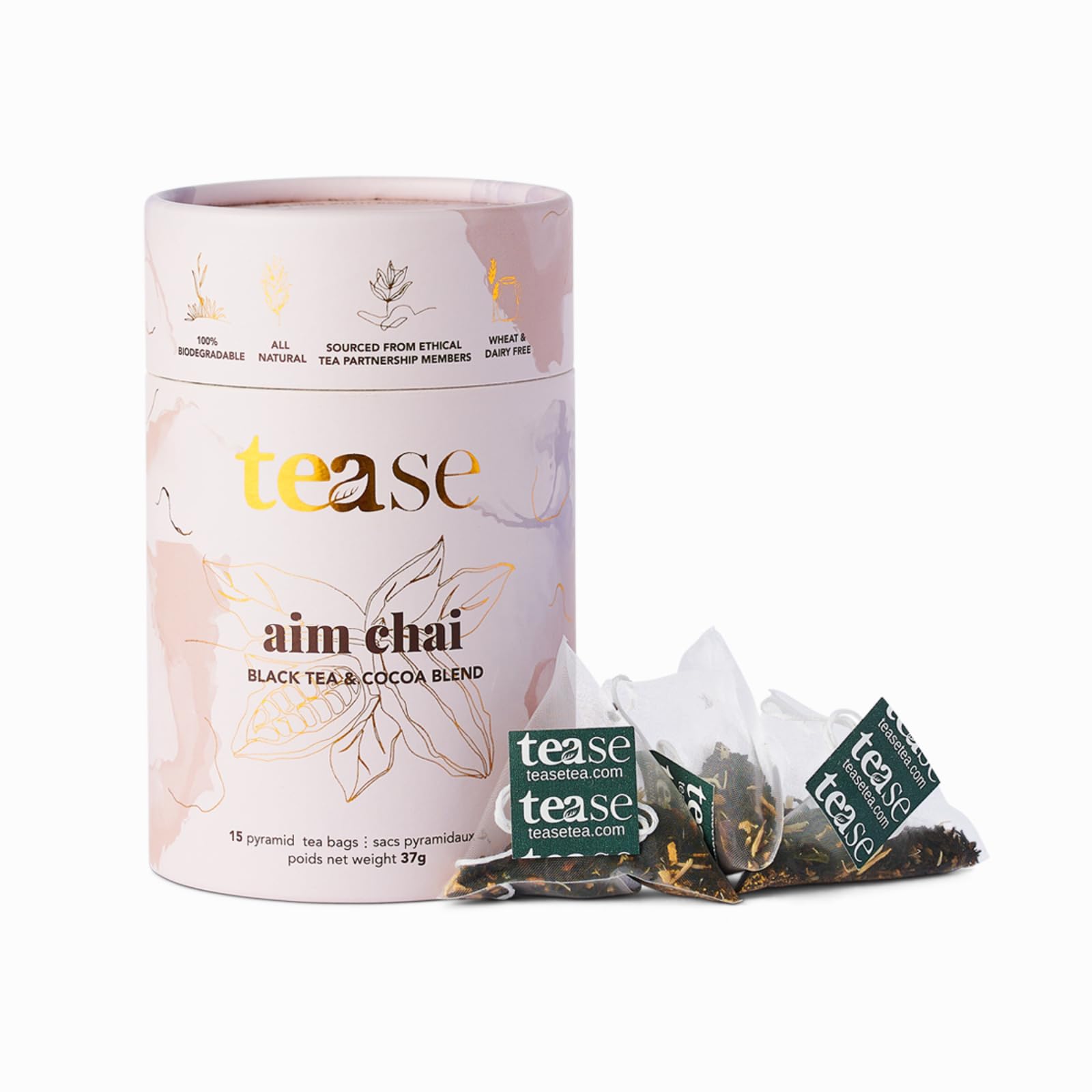 Tease Tea Organic Tea Tube Gift Set | 15 Piece Botanical Pyramid Tea Bag Infuser Sachets Loose Leaf Support Citrusy Blend with Rooibos, Peppermint, Valerian Root Caffeine Free 37g (Golden Slumbers)