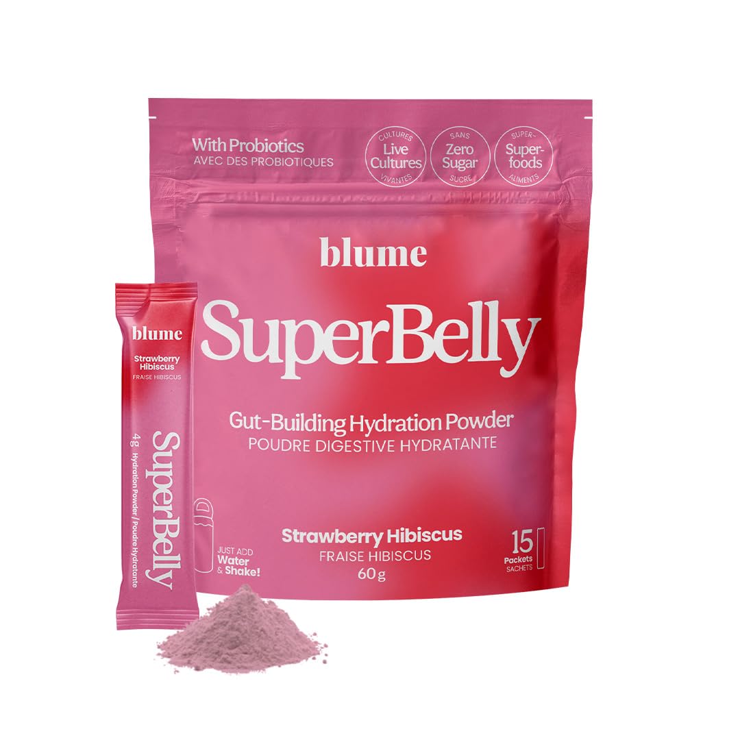 Blume SuperBelly Gut Health Hydration Packets, Sugar-Free, with Prebiotics, Probiotics, Apple Cider Vinegar, and Electrolytes, Strawberry Hibiscus, 15 Sticks