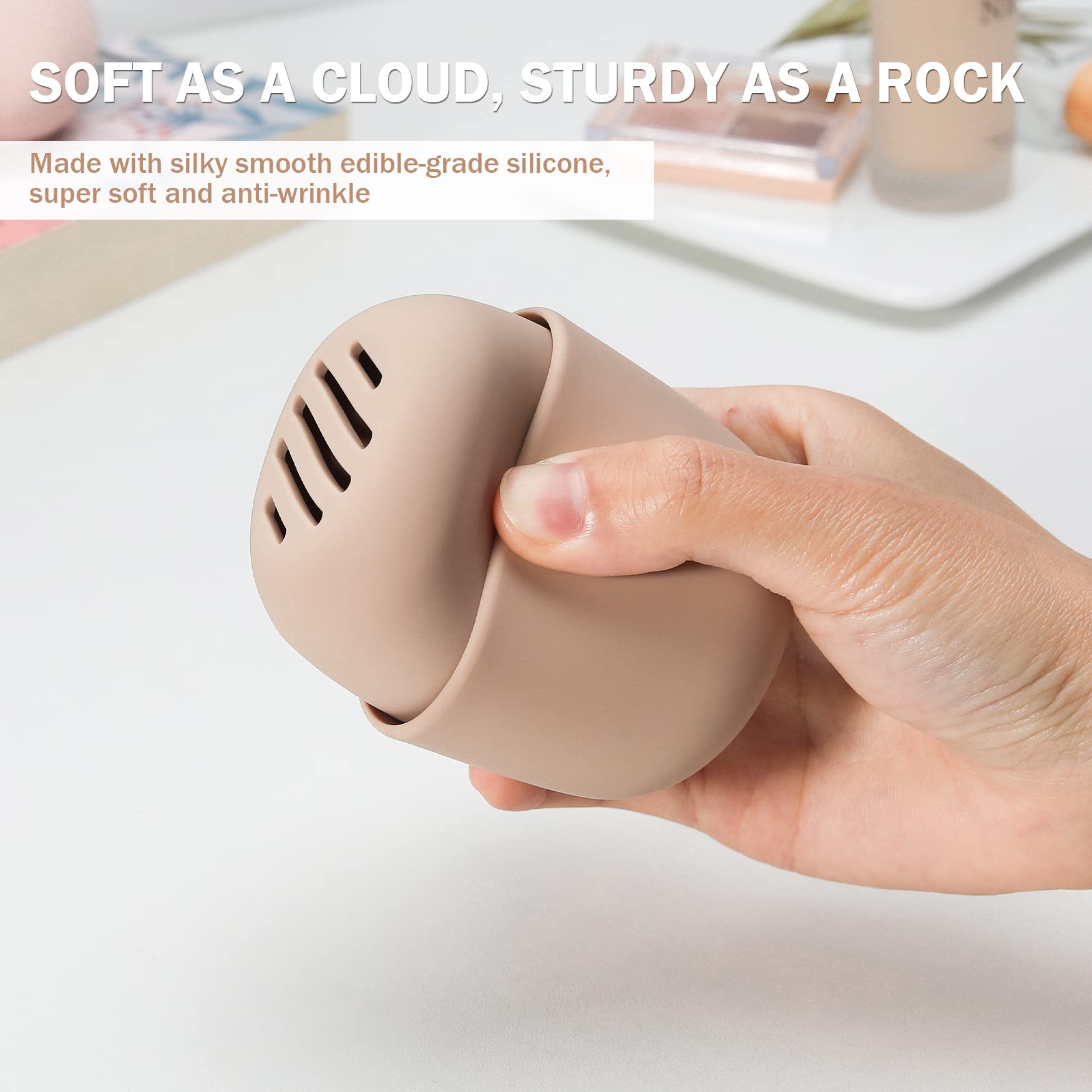 BEZOX Makeup Sponge Holder, Silicone Beauty Sponge Case with Double-Sided Vent Design for Quick Drying, Compact Travel Essentials Make Up Blender Container - Khaki
