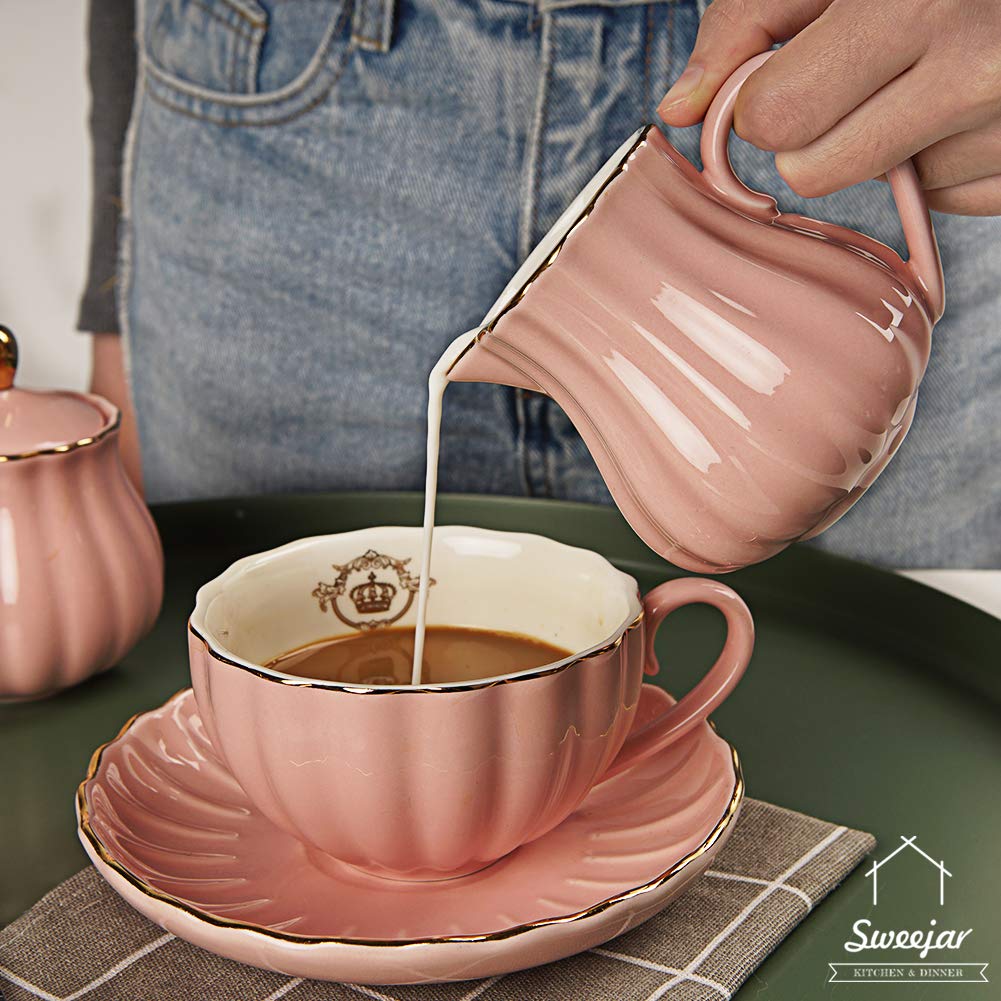 Sweejar Royal Ceramic Sugar and Creamer Set with Lid, 28 oz Teapot with Removable Stainless Steel Infuser,Blooming & Loose Leaf Teapot offee Serving Set Wedding Gift(Pink)