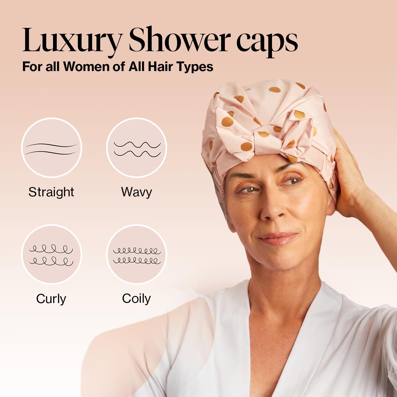 Kitsch Luxury Shower Cap for Women - Reusable Shower Cap for Long Hair with Non Slip Silicon Grip | Waterproof Hair Cap for Shower with One Size Fits Most | Stylish Hair Cover for Shower (Blush Dot)