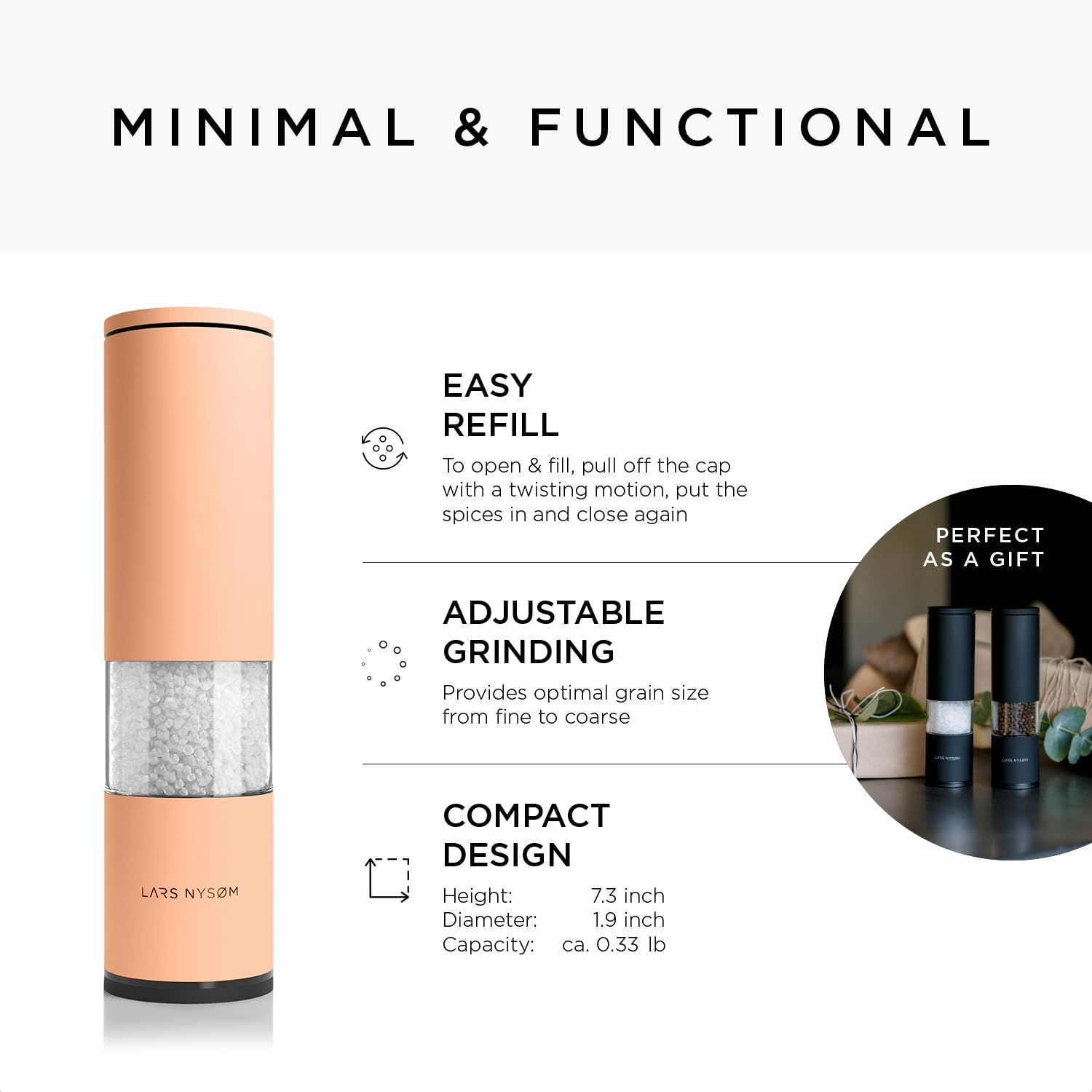 LARS NYSØM Salt and Pepper Mills Set Stainless Steel with Adjustable Ceramic Grinder 2 Pieces I Design Spice Mills Set Manual (Brown/Beige)