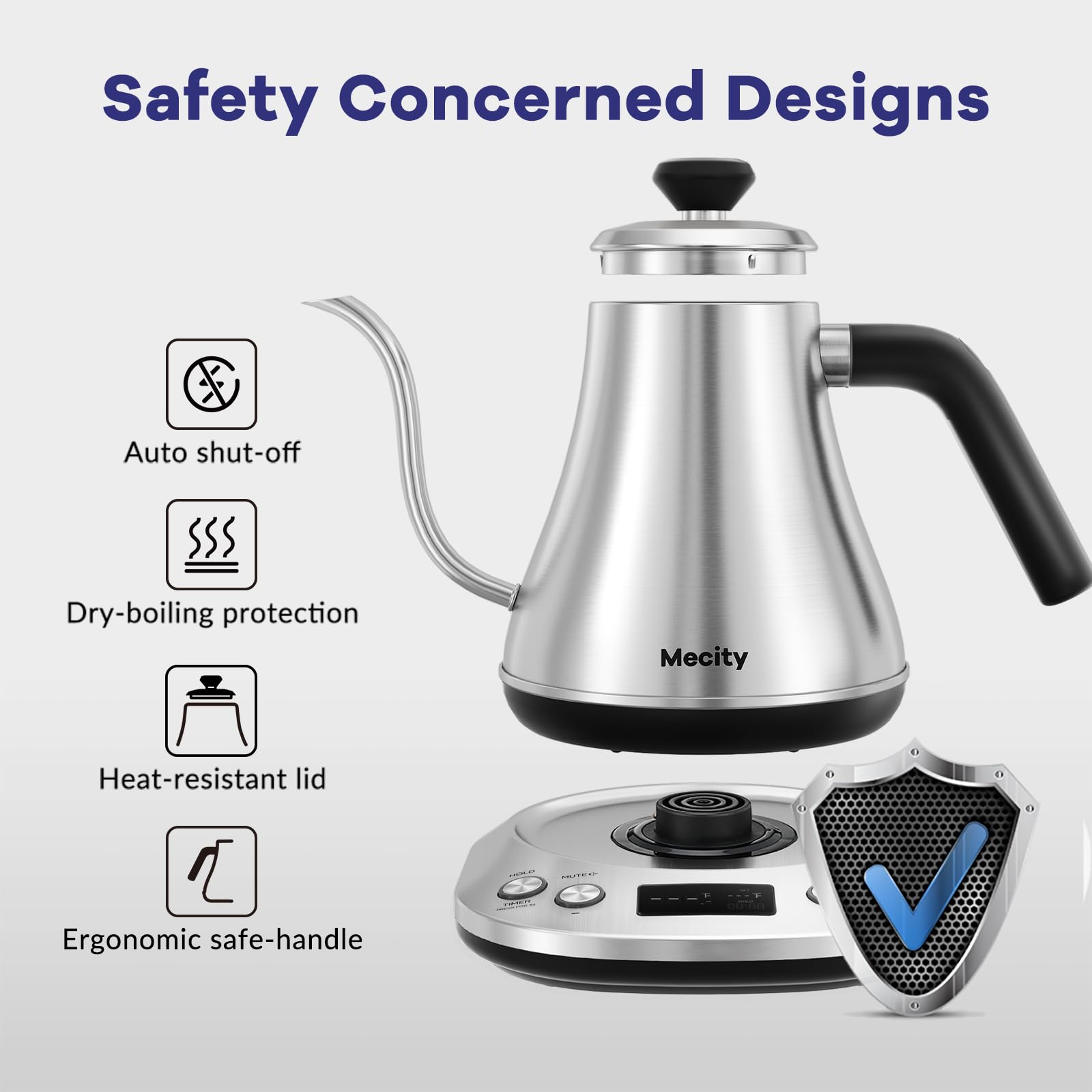 Mecity Electric Gooseneck Kettle With Keep Warm Function & LCD Display Automatic Shut Off Coffee Kettle Temperature Control Pour Over Kettle 1200 Watt, 0.8L, 120V, Off White