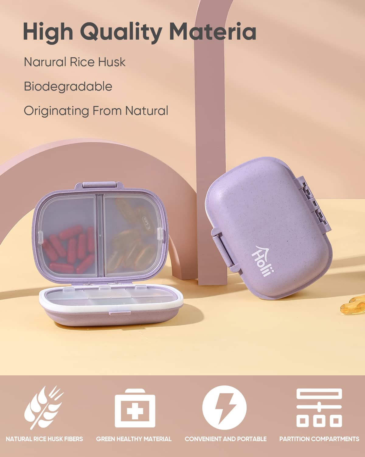 Holii Travel Pill Organizer, 8 Compartments Portable Pill Case, Daily Pill Box to Hold Vitamins, Small Pill Container for Pocket Purse Medicine Organizer(Khaki)