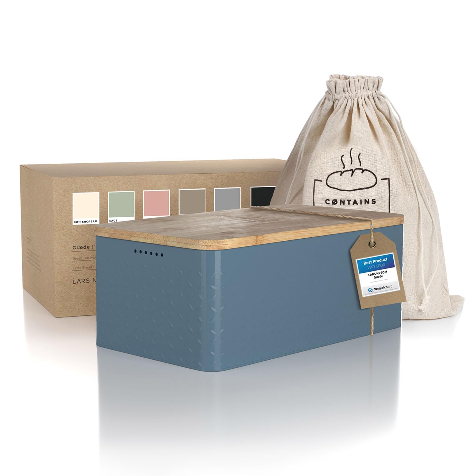 LARS NYSØM Bread Box I Metal bread box with linen bread bag for long lasting freshness I Bread box with bamboo lid usable as cutting board I 34 x 19.5 x 13.5 cm (Taupe Brown)