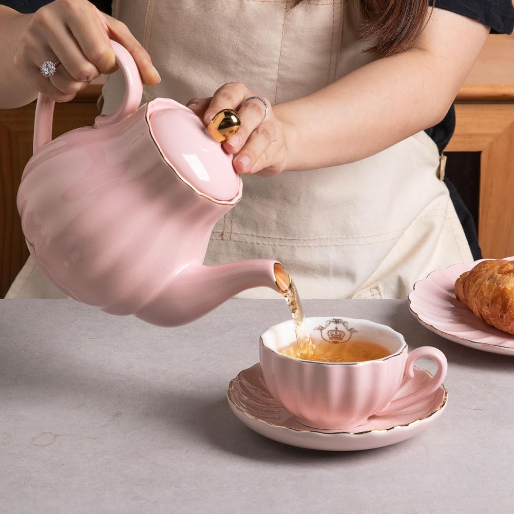 Sweejar Royal Teapot, Ceramic Tea Pot with Removable Stainless Steel Infuser, Blooming & Loose Leaf Teapot - 28 Ounce(White)