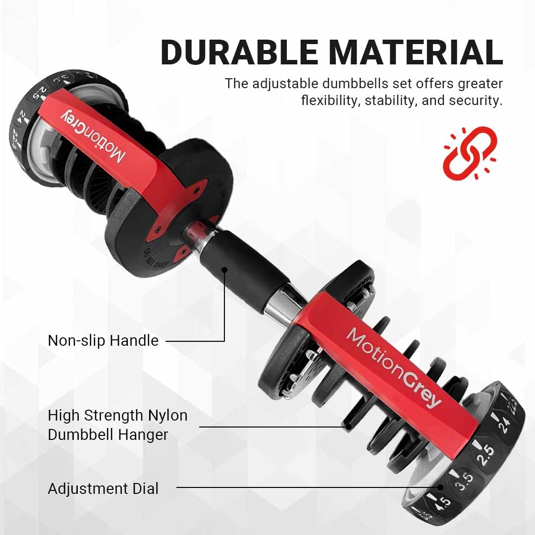 MotionGrey Adjustable Dumbbell Set 5 to 52.5LBs, Weights Dumbbells set of 2, Bonus High Strength Hand Grip, Home Gym Barbell 10 lb dumbbells pair
