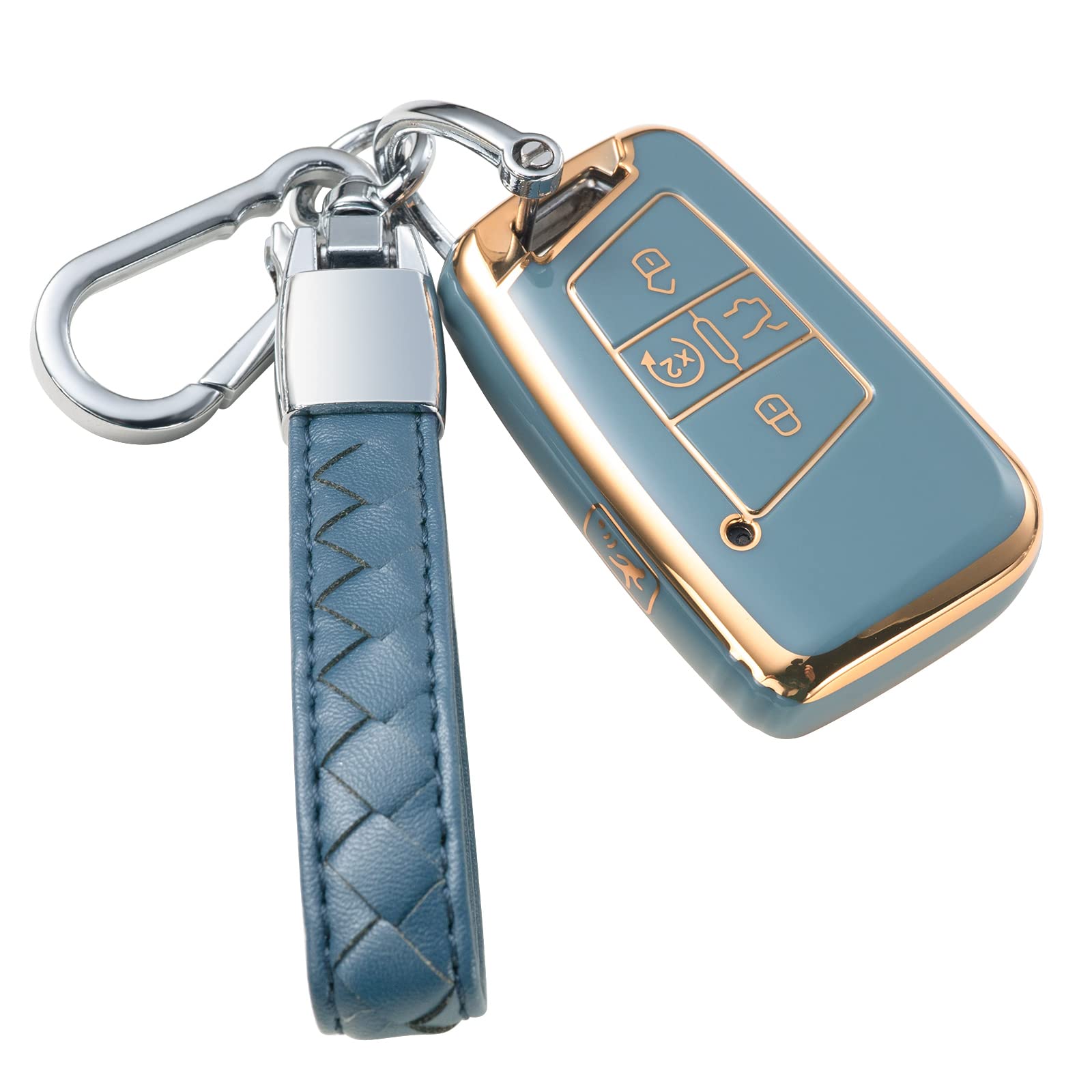 Compatible with VW Volkswagen Key Fob Cover with Leather Lanyard, Car Key Case Shell Protection for Volkswagen Tiguan Atlas Jetta Passat Golf Alltrack Smart Remote Control,Green