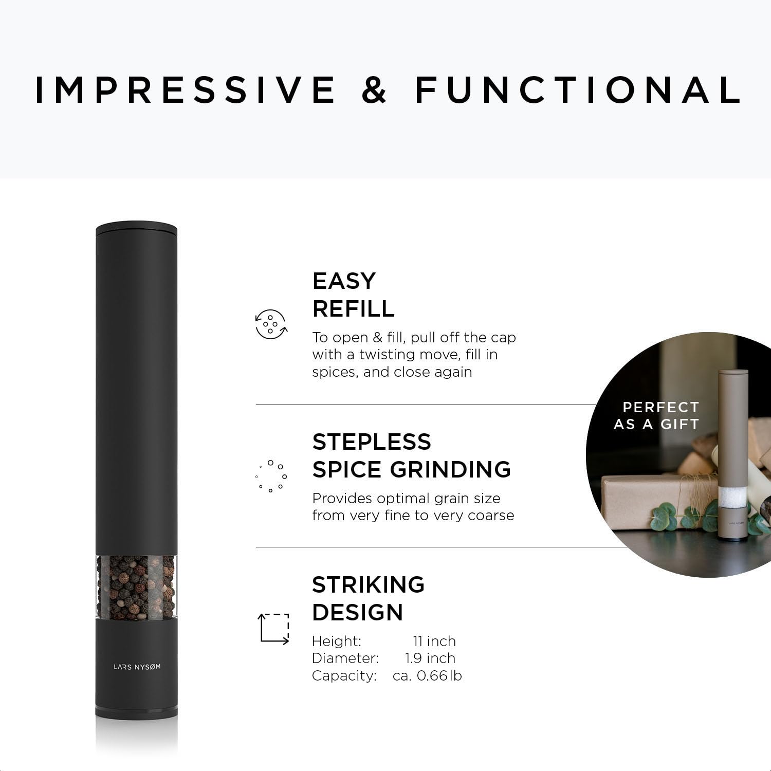 LARS NYSØM Salt and Pepper Mills Set Stainless Steel with Adjustable Ceramic Grinder 2 Pieces I Design Spice Mills Set Manual (Brown/Beige)