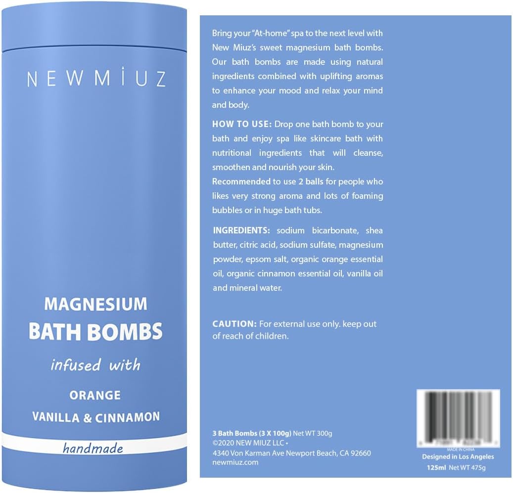 Magnesium Bath Bombs - Post Workout Recovery Sore Muscles Tension - Epsom Salt - Luxury Bubble Bath Spa - Essential Oil Infused Bath Bombs Vanilla Cinnamon Orange Perfect Stocking Stuffers Gift