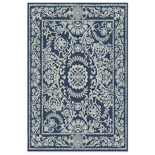 RUGGABLE Washable 2x3 Area Rug, Delphina Delft Blue, Premium Vintage Rugs for Living Room, Bedroom, Kitchen, Office, Classroom with Gripper Non Slip Pad