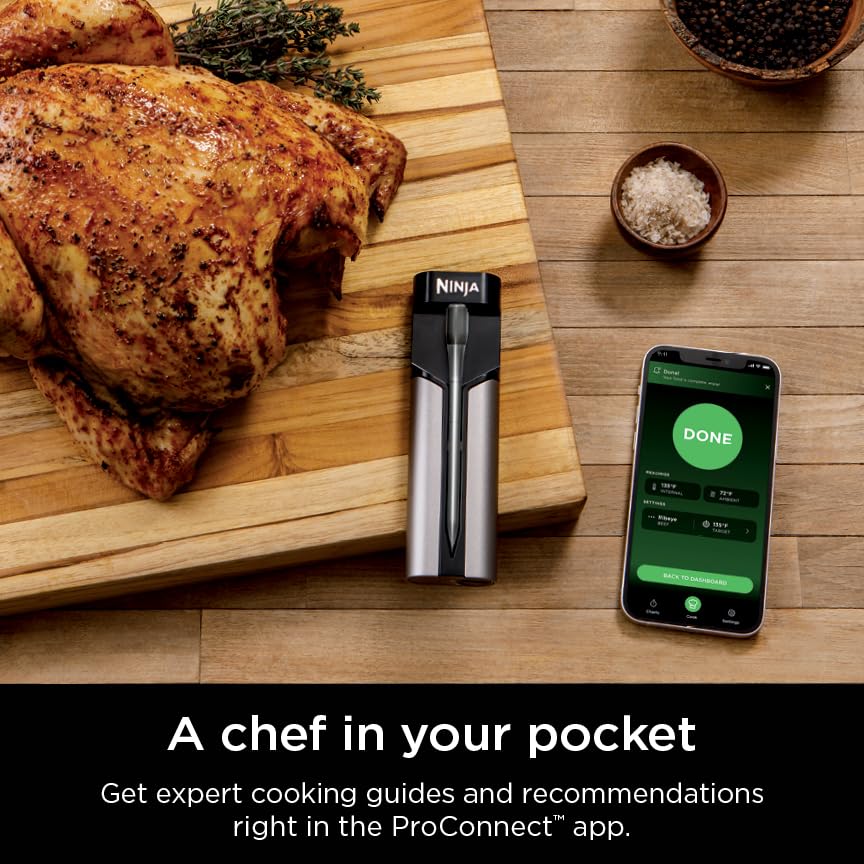 Ninja ProChef Wireless Meat Thermometer Indoor & Outdoor, for Grill, Oven, Smoking, Roasting, air Frying, Long Range app Connection, flareup Resistant, Long Battery Life, Bluetooth, Waterproof, WP100