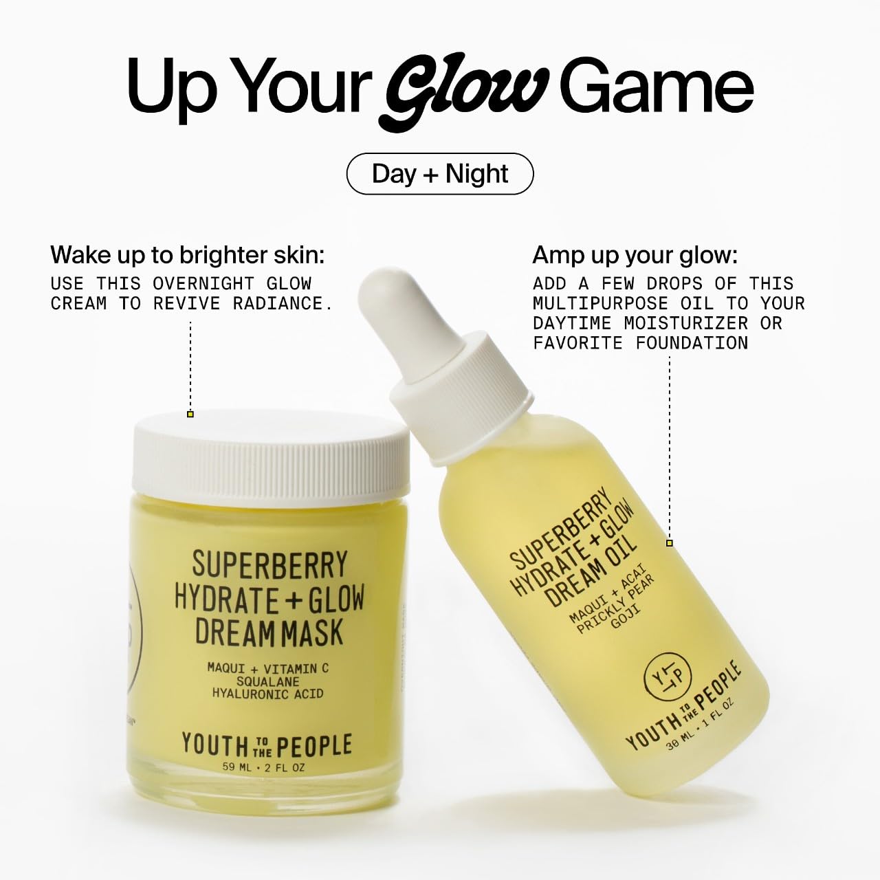 YTTP Hydrate + Glow Dream Overnight Face Mask - Brightening Skin Care Cream & Moisturizing Facial Mask with Hyaluronic Acid, Vitamin C & Squalane Oil for Even Skin Tone - Vegan Skincare (2oz)