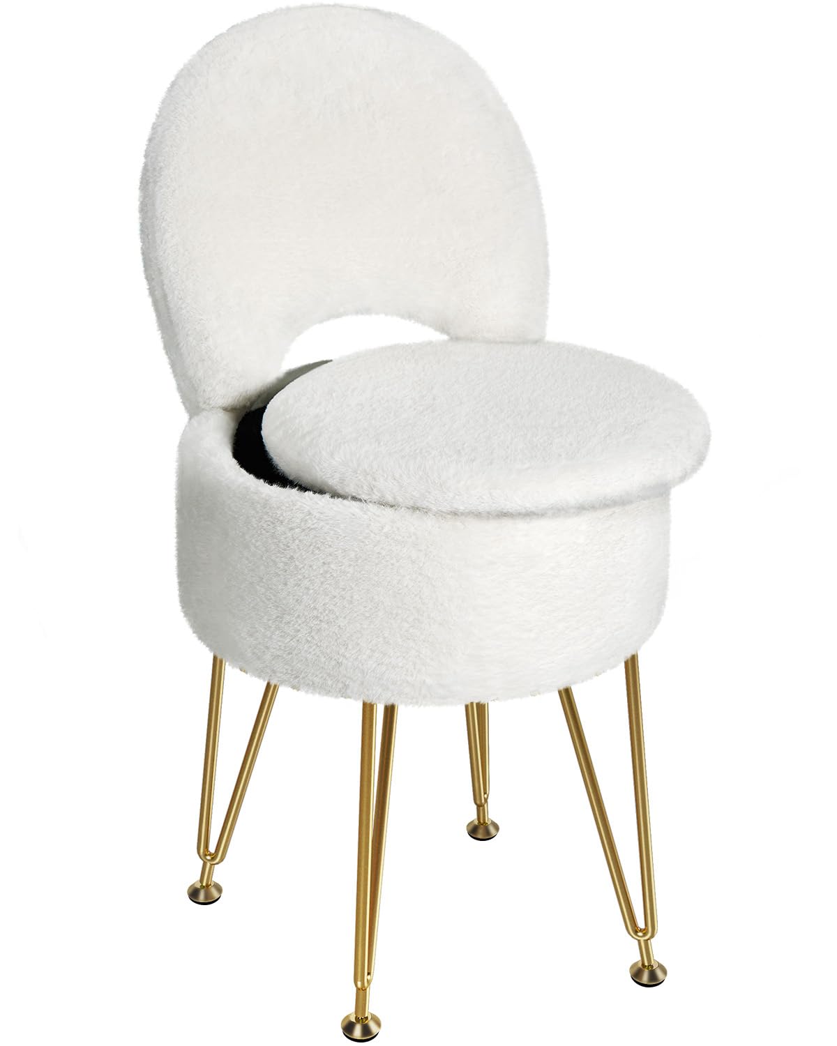 Greenstell Vanity Stool with Foldable Back, Vanity Chair with Storage, 13" Dx 27.7" H Faux Fur Soft Ottoman, 4 Metal Legs with Anti-Slip Feet, Small Furry Padded Seat for Makeup, Bedroom, White