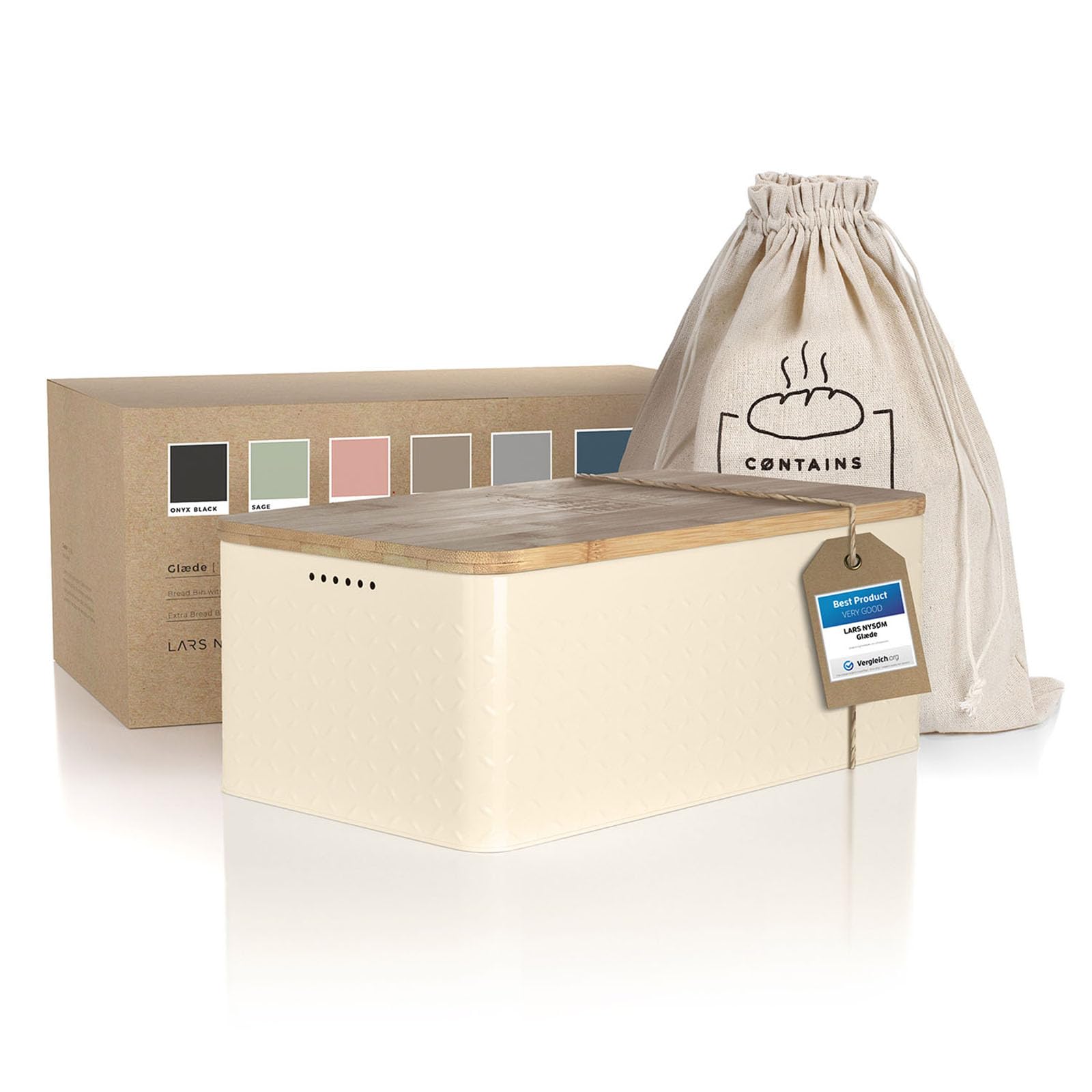 LARS NYSØM Bread Box I Metal bread box with linen bread bag for long lasting freshness I Bread box with bamboo lid usable as cutting board I 34 x 19.5 x 13.5 cm (Taupe Brown)