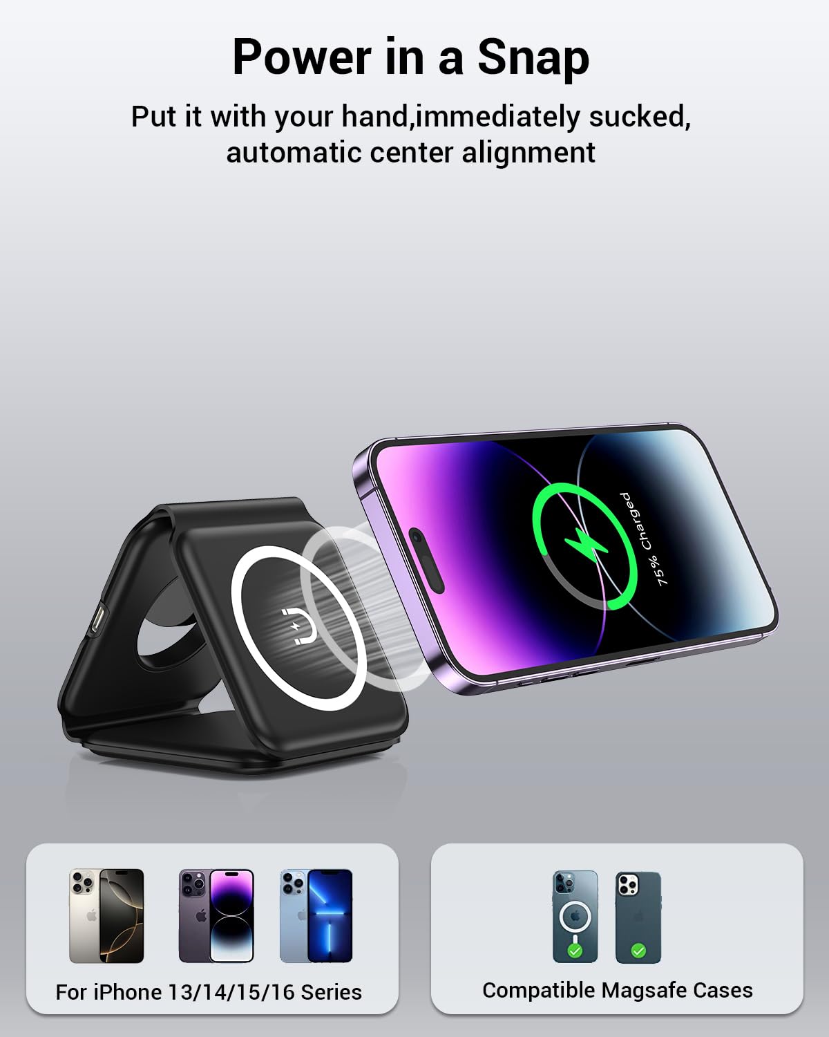 Wireless Charger, Magnetic Foldable 3 in 1 Mag-Safe Charger, Fast Travel Wireless Charging Station for iPhone 16/15/14/13/12/ Series,for iWatch,for AirPods (Adapter Included)