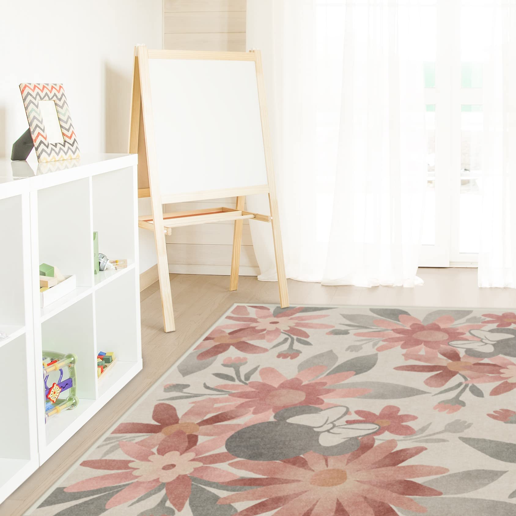 RUGGABLE Disney Classic Minnie Mouse Washable Rug - Perfect Area Rug for Nursery Playroom Kids Room - Pet & Child Friendly - Stain & Water Resistant - Trellis Pink 5&
