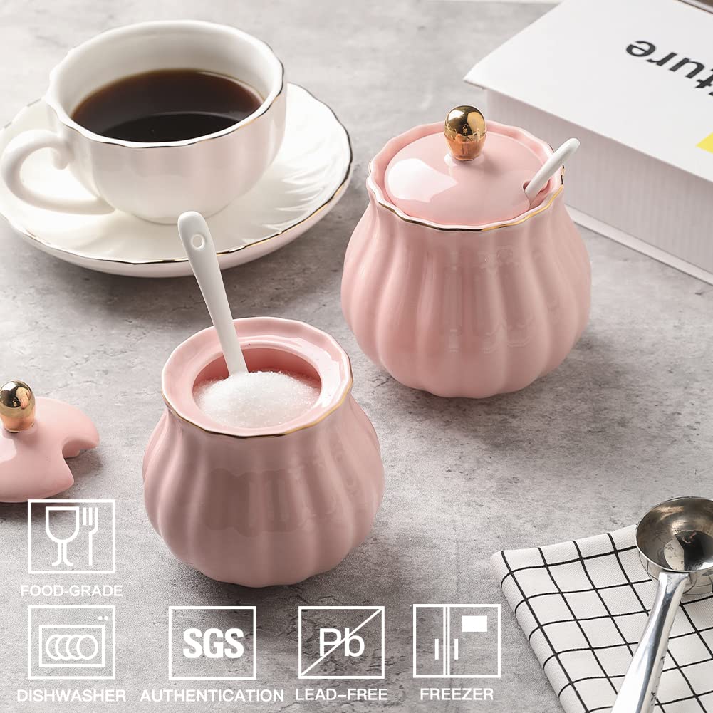 Sweejar Royal Ceramic Sugar and Creamer Set, 3 Piece Set with Cream Pitcher, Sugar Bowl, Sugar Set with Lid & Spoon, Coffee Serving Set Wedding Gift(White)