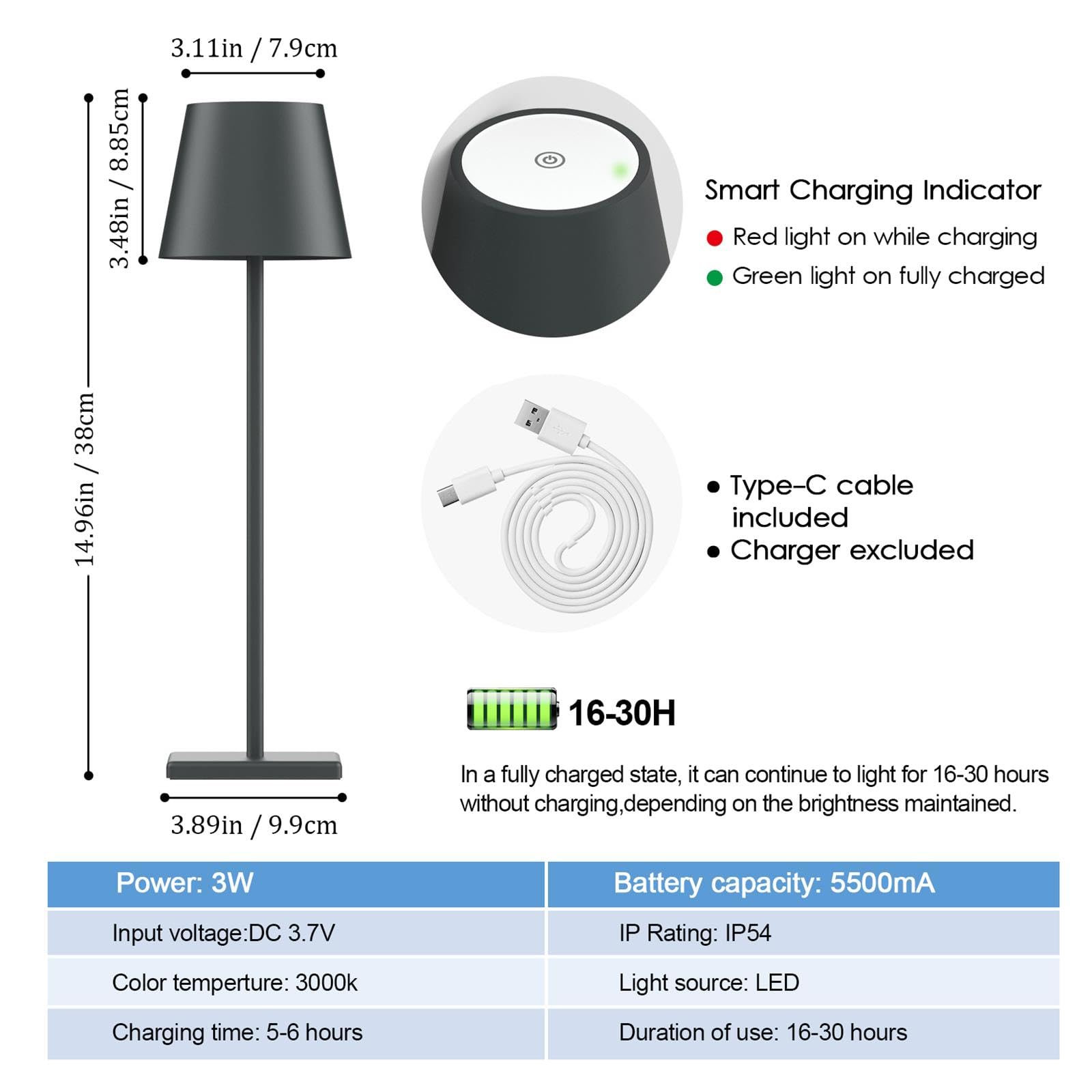 2-Pack LED Cordless Table Lamp, Rechargeable Battery Desk lamp 3W 5500mAh Battery Operated Stepless Dimming Modern Portable Table Light for Restaurant/Bedroom/Outdoor IP54 Waterproof (Off White)