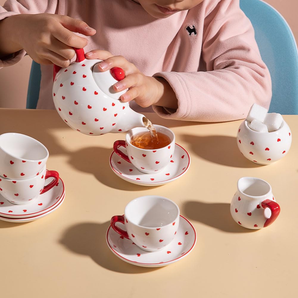 Sweejar Porcelain Tea Set for Little Girls,Kitchen Toys Tea Party Set for Kids Toddler Kitchen Pretend Toy Include Children Teapot, Cup & Saucer Set of 4, Sugar Bowl and Cream Pitcher(Pink Polka Dot)
