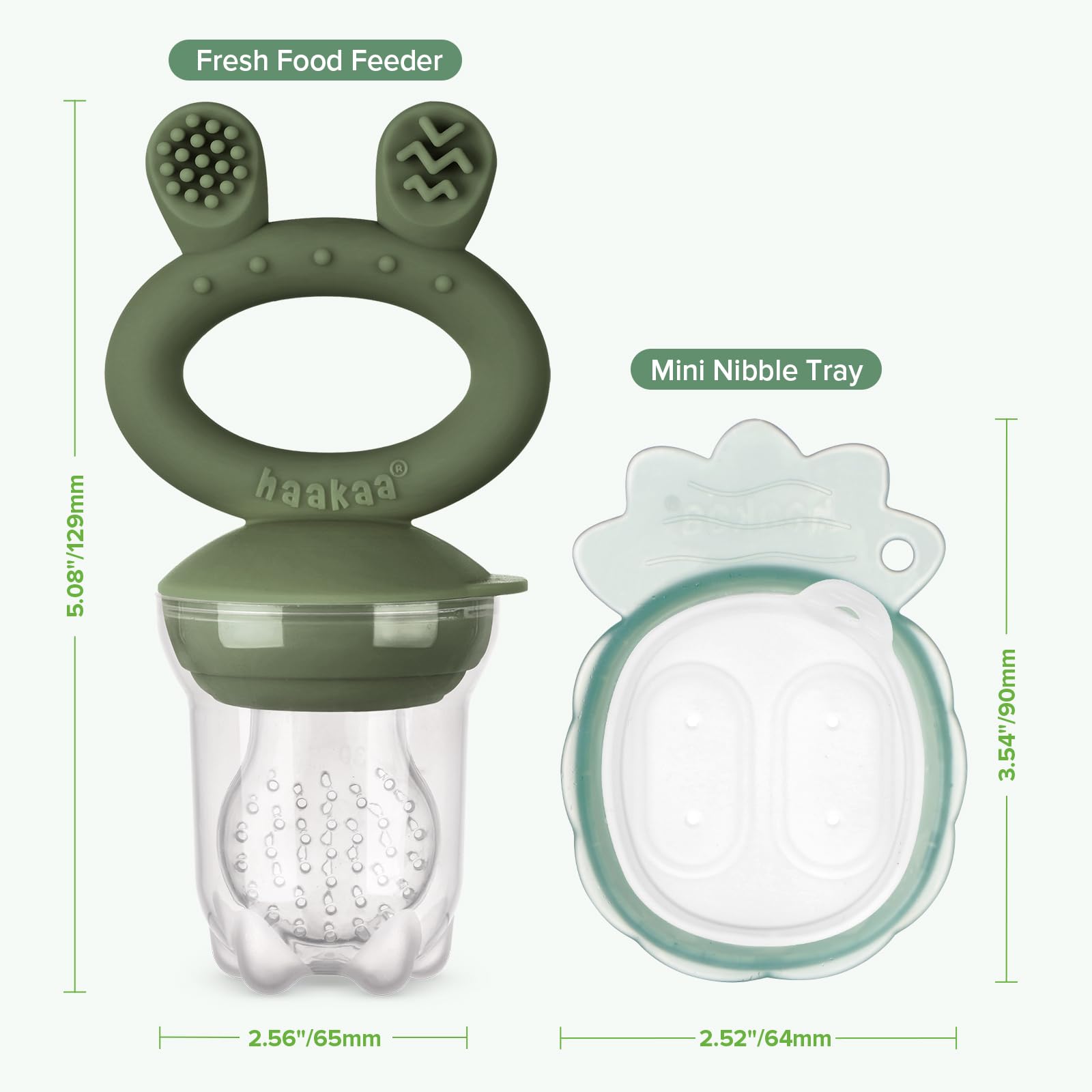 Haakaa Baby Fruit Food Feeder & Mini Freezer Nibble Tray Combo, Breastmilk Popsicle Molds for Cooling Relief, BPA Free Silicone Feeder for Safe Infant Self Feeding, 4 Month+ (Pea Green)