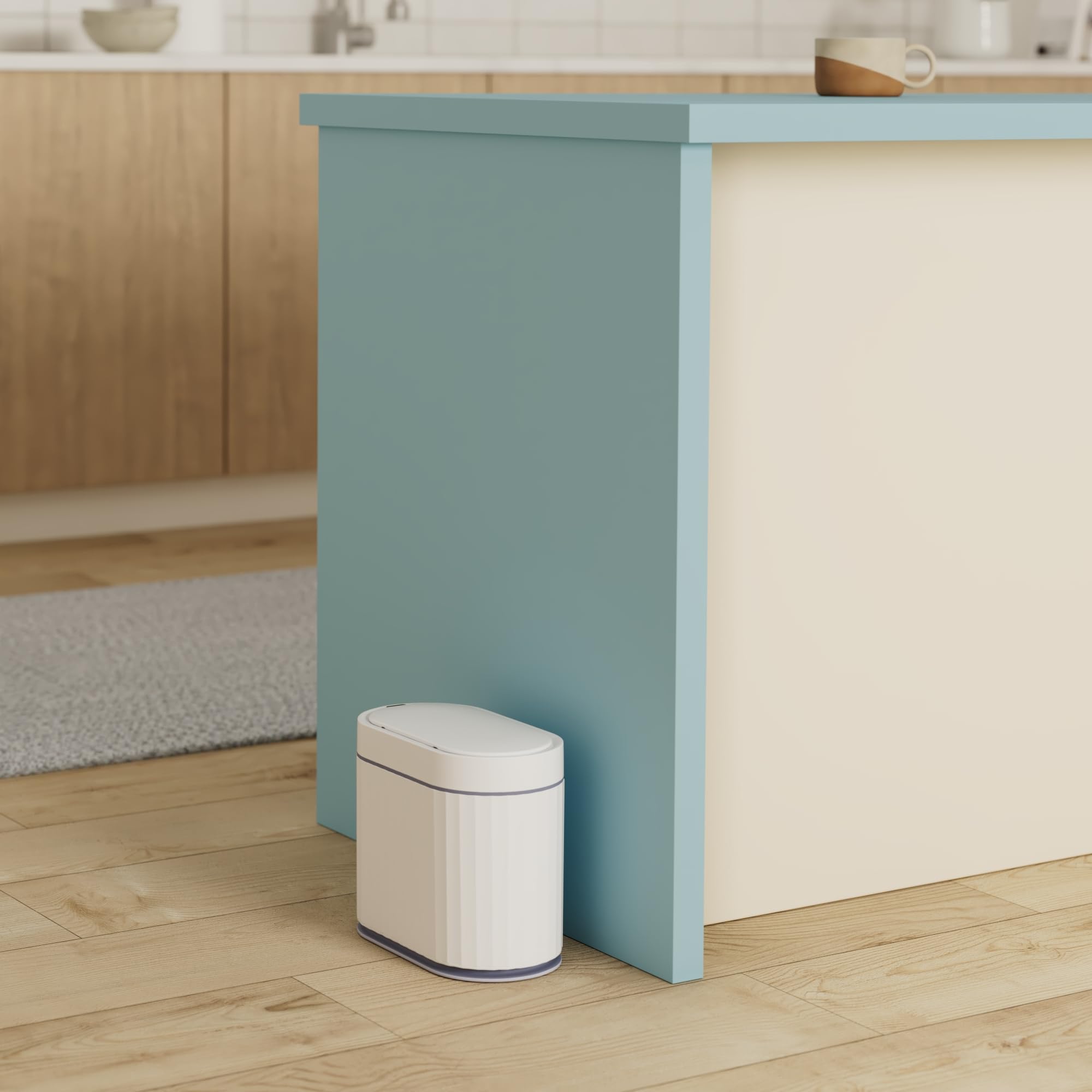 ELPHECO Mini Desktop Trash Can with Lid, Small Slim Automatic Garbage Can, 1.3 Gallon Motion Sensor Countertop Waste Basket for Bedroom, Office, Bathroom, White with Grey Trim