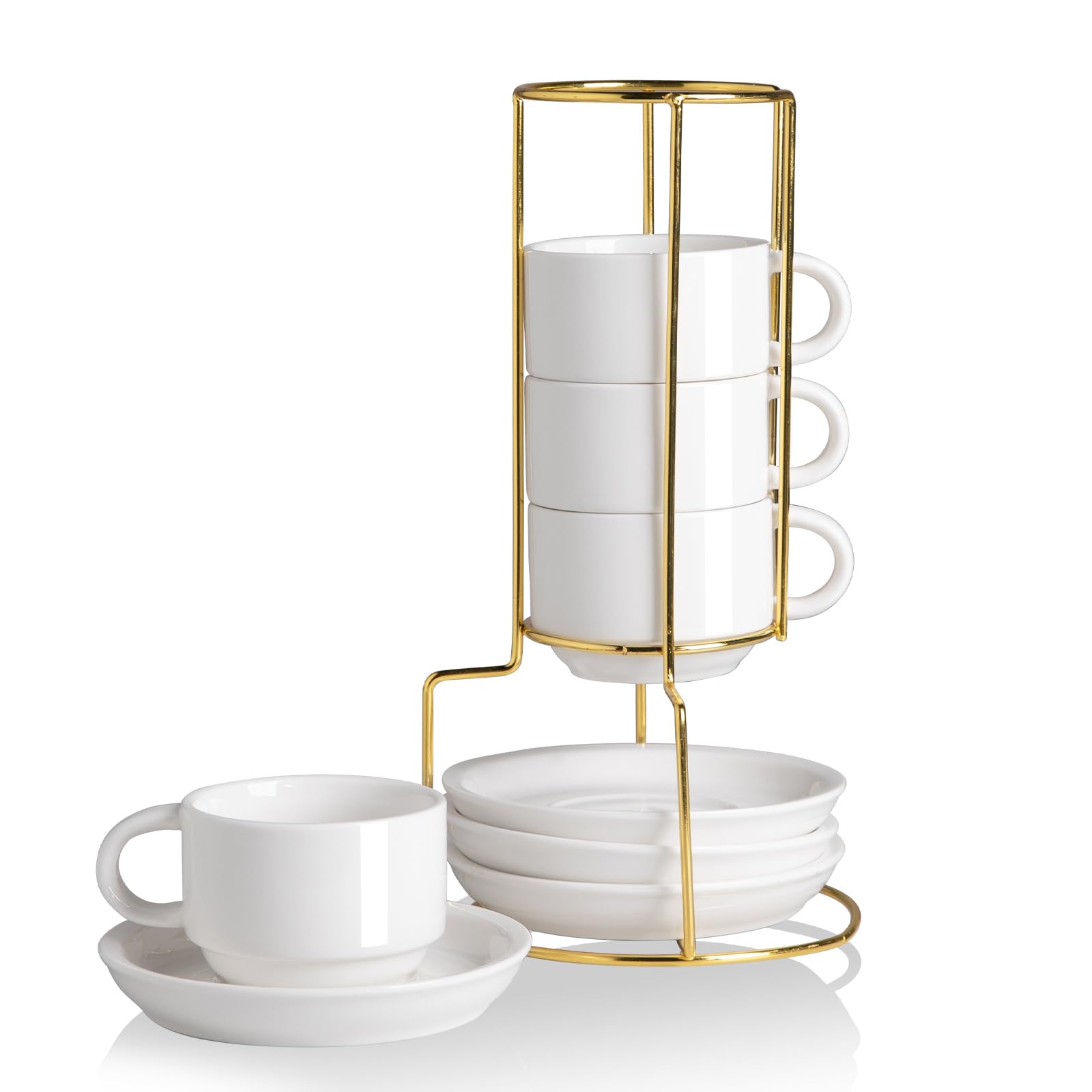 Sweejar Porcelain Espresso Cups with Saucers, 2.5 Ounce Stackable Cappuccino Cups with Metal Stand for Coffee Drinks, Latte, Tea - Set of 4 (Black)