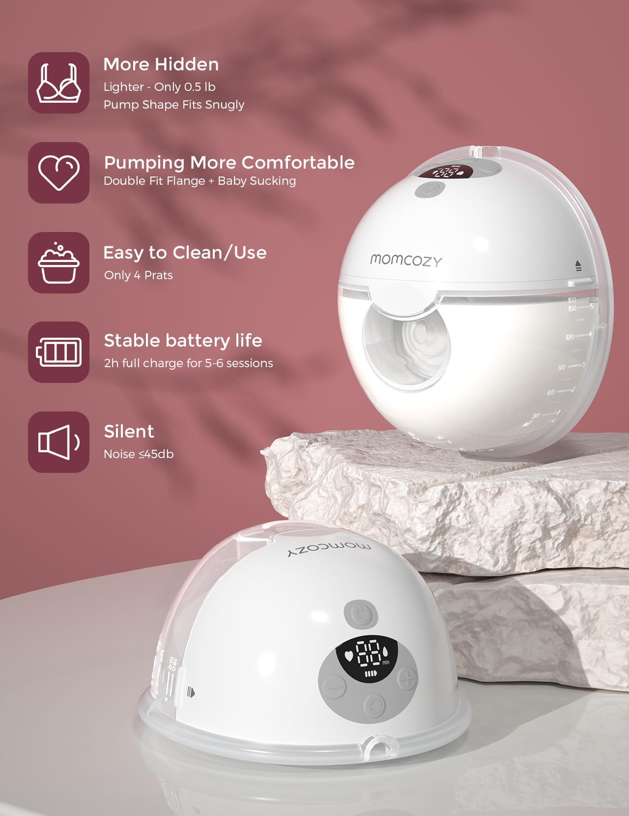 Momcozy Breast Pump Hands Free M5, Wearable Breast Pump of Baby Mouth Double-Sealed Flange with 3 Modes & 9 Levels, Electric Breast Pump Portable - 24mm, 2 Pack Mint