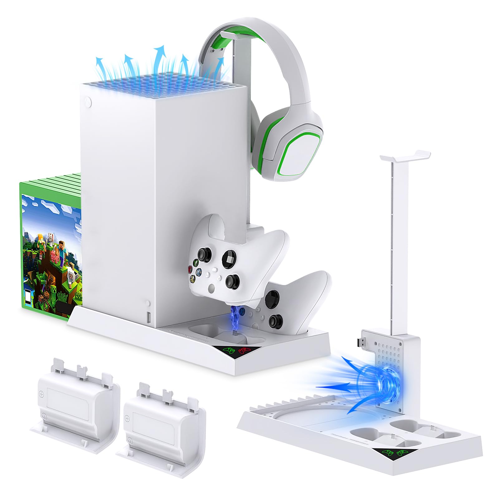 MENEEA Cooling Fan & Charging Stand for Xbox Series X Console and Controller,Vertical Cooler System Dual Charger Station Dock Accessories Kit with 2 x 1400mAh Rechargeable Battery (Black)